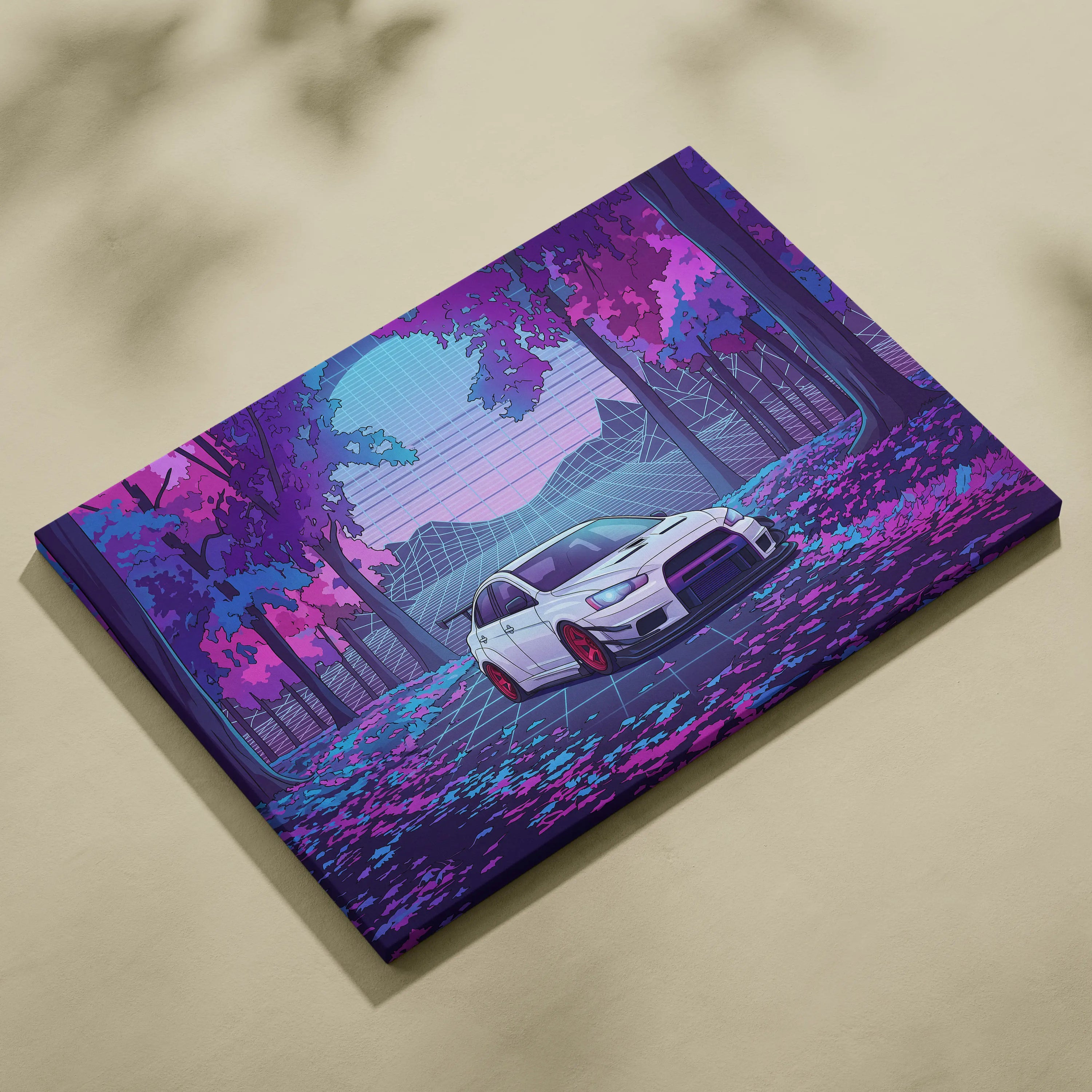 Mitsubishi Lancer Evolution X Inspired White Purple Canvas Wall Art, Vaporwave JDM Artwork, Neon Forest Garage Decor, Retro Futuristic Print