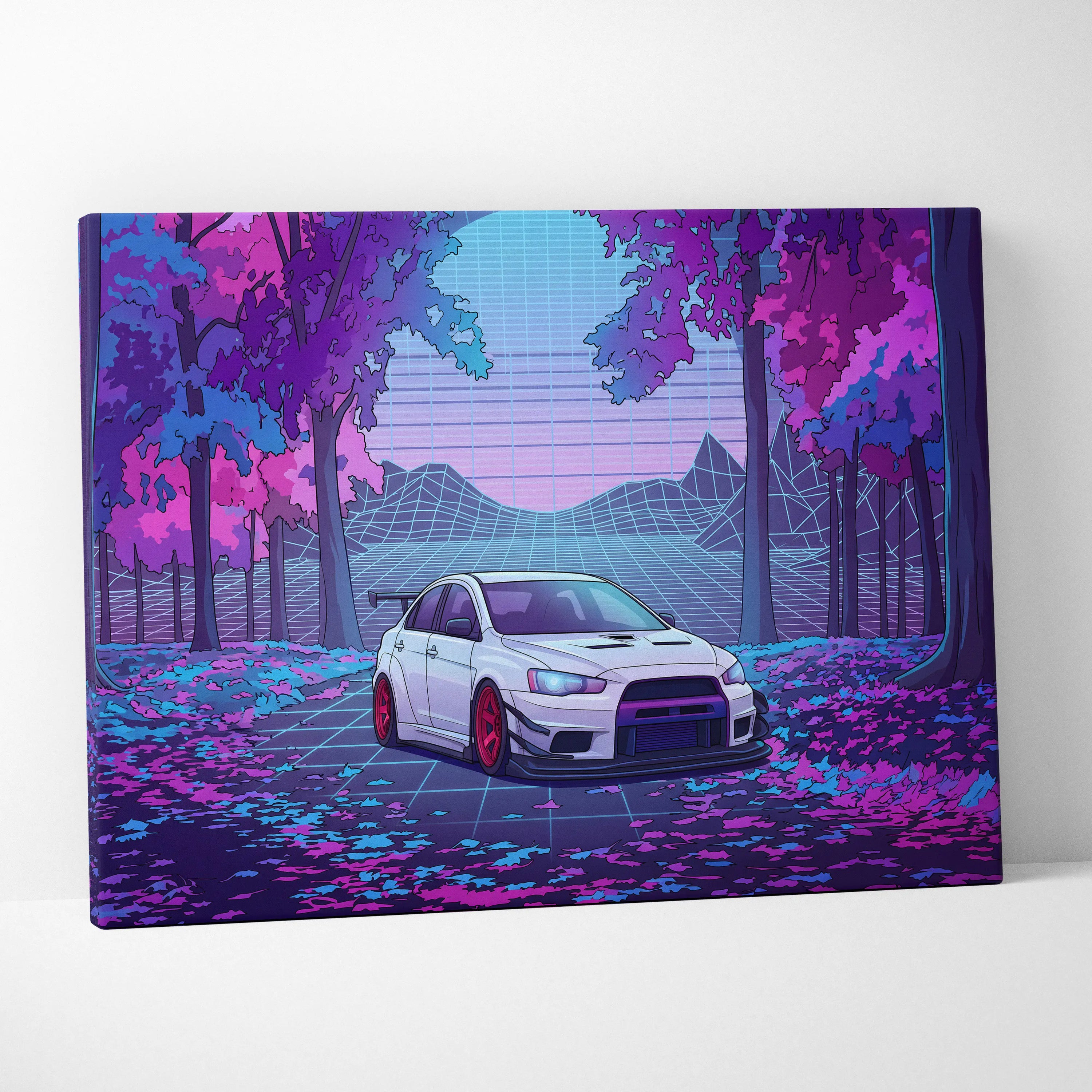 Mitsubishi Lancer Evolution X Inspired White Purple Canvas Wall Art, Vaporwave JDM Artwork, Neon Forest Garage Decor, Retro Futuristic Print
