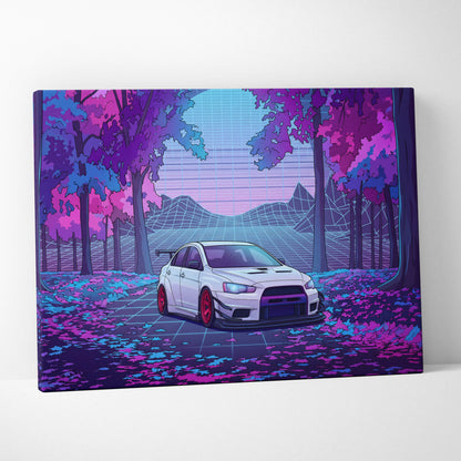 Mitsubishi Lancer Evolution X Inspired White Purple Canvas Wall Art, Vaporwave JDM Artwork, Neon Forest Garage Decor, Retro Futuristic Print