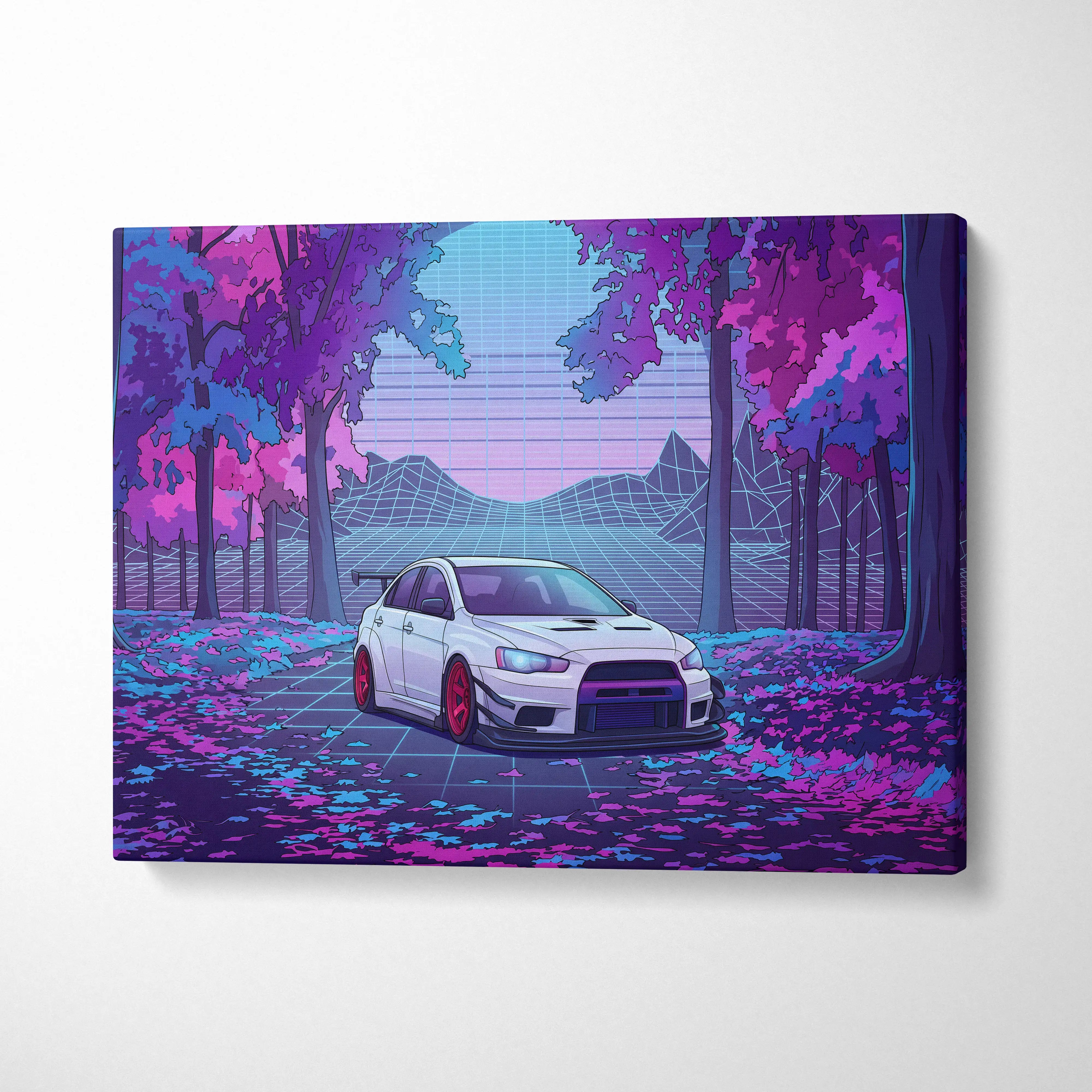 Mitsubishi Lancer Evolution X Inspired White Purple Canvas Wall Art, Vaporwave JDM Artwork, Neon Forest Garage Decor, Retro Futuristic Print