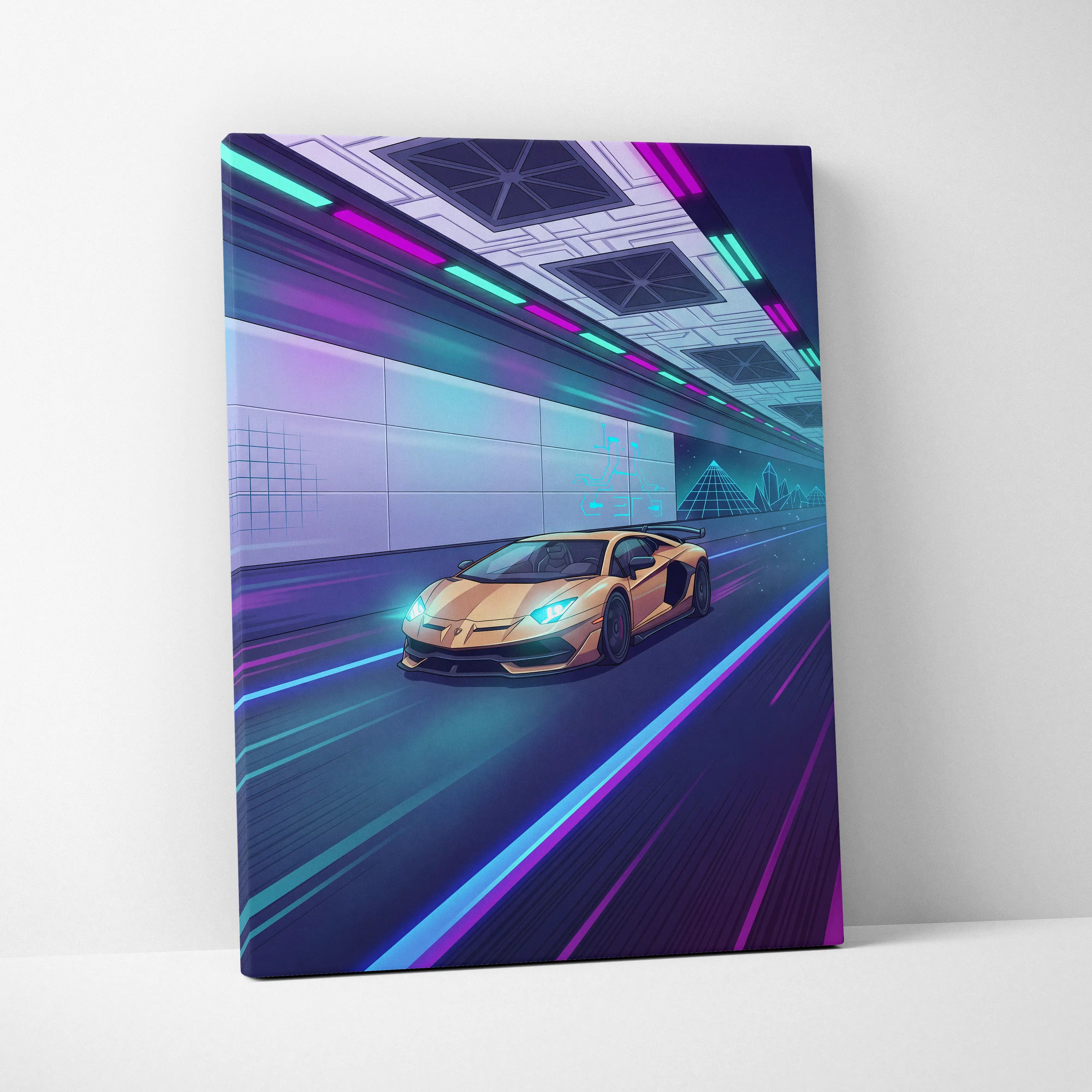 Lamborghini Aventador SVJ Inspired Vaporwave Car Canvas - Car Neon Pink Turquoise Living Room Vaporwave Nostalgic Energy Retrofuturist Wall Art Canvas