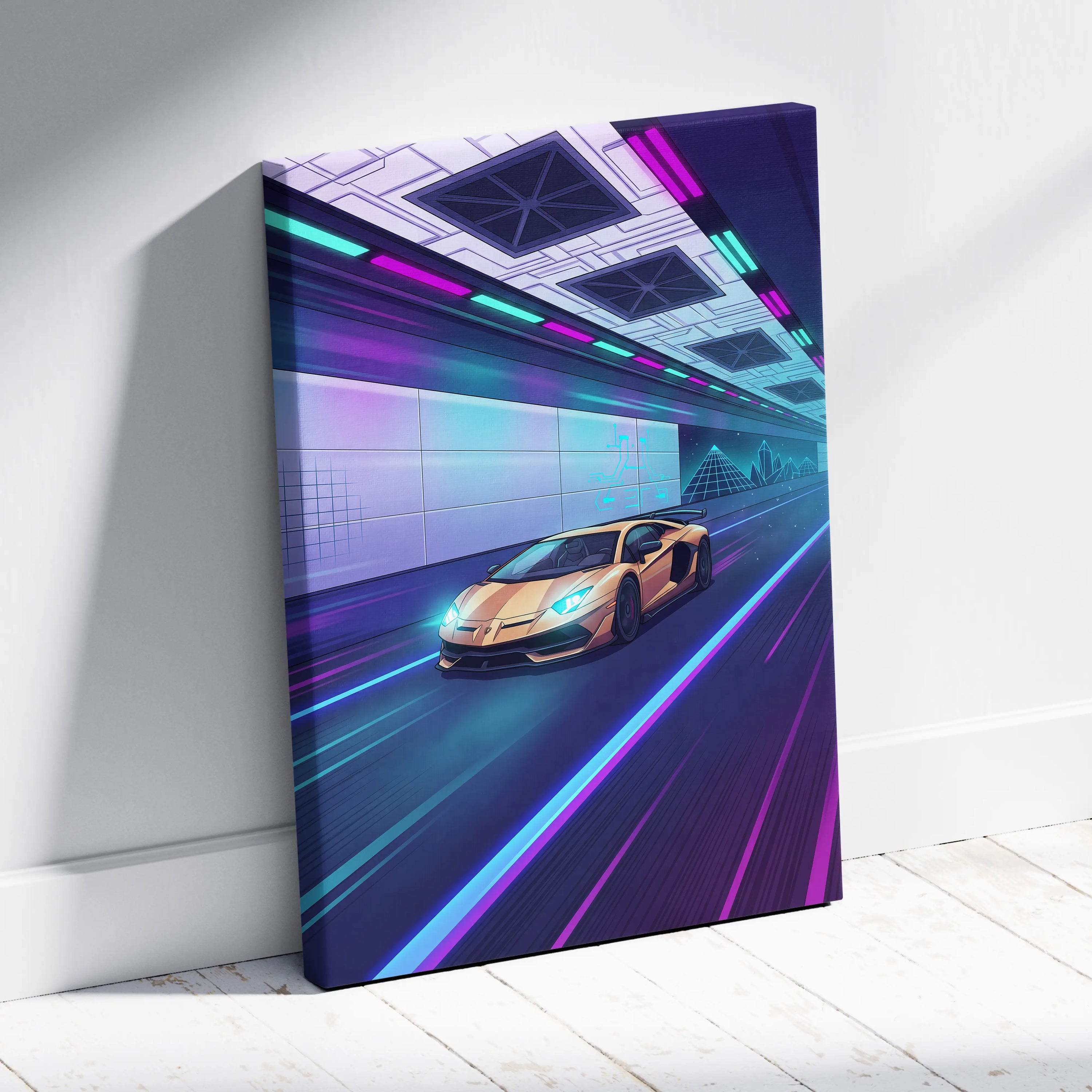 Lamborghini Aventador SVJ Inspired Vaporwave Car Canvas - Car Neon Pink Turquoise Living Room Vaporwave Nostalgic Energy Retrofuturist Wall Art Canvas