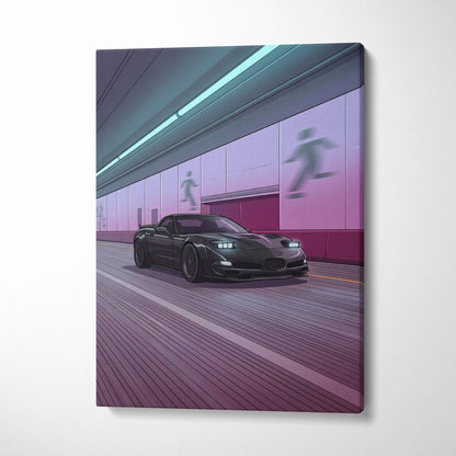 Chevrolet C5 Z06 Corvette Inspired Vaporwave Car Canvas Art - Vaporwave Car Neon Living Room Retro Mood Nostalgic Decor Neon Canvas