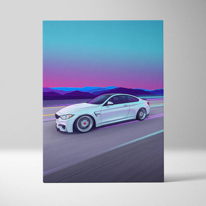 BMW M4 Inspired Vaporwave Car Canvas - Vaporwave Car Neon Pink Blue Living Retro Futurism Nostalgic Mood Neon Decor Wall Art Canvas