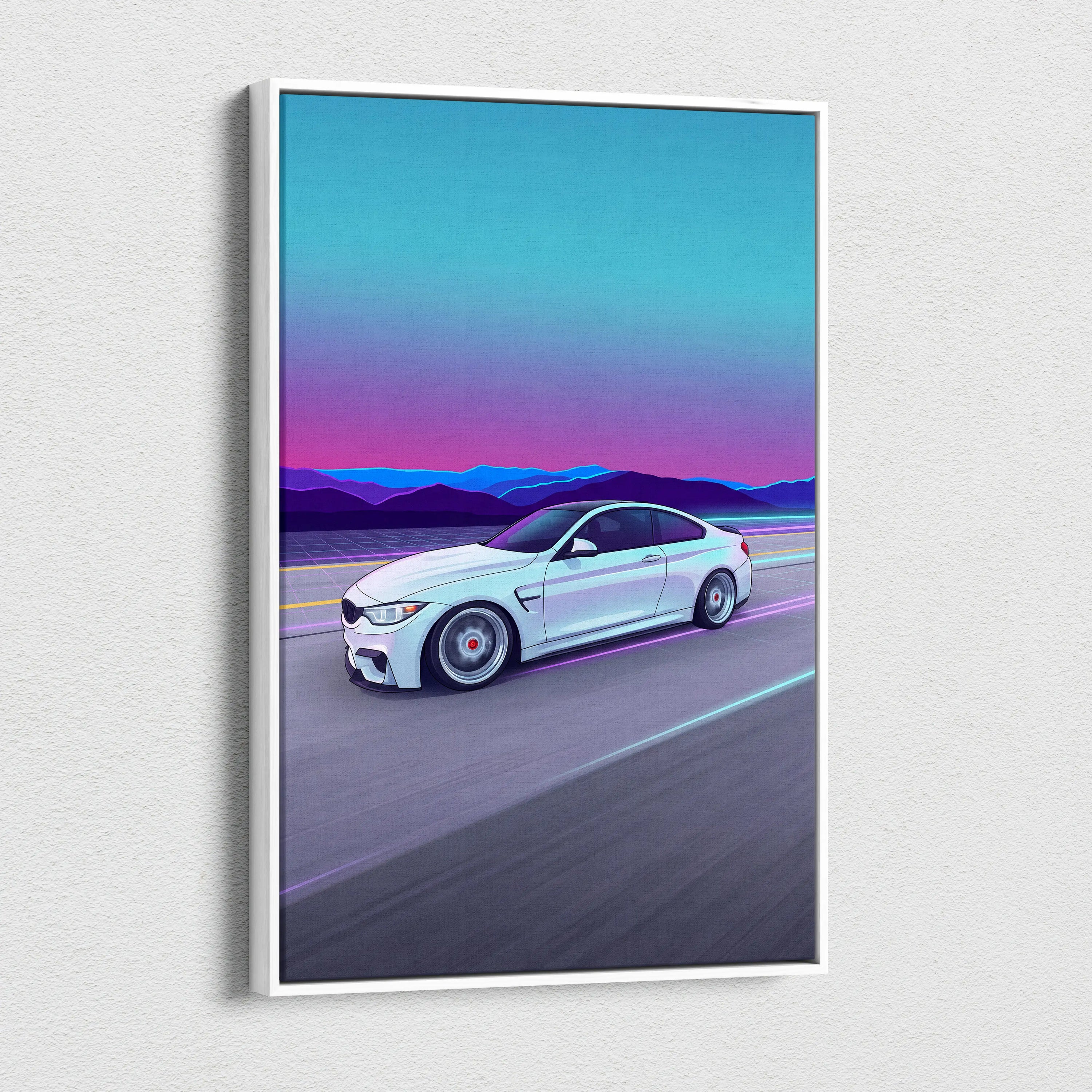 BMW M4 Inspired Vaporwave Car Canvas - Vaporwave Car Neon Pink Blue Living Retro Futurism Nostalgic Mood Neon Decor Wall Art Canvas