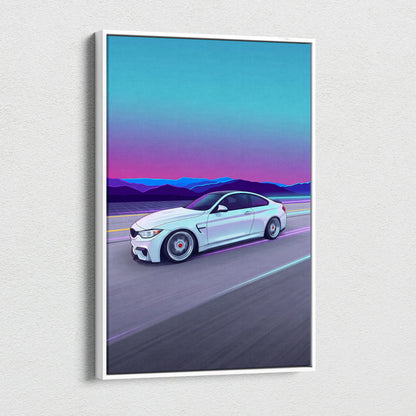 BMW M4 Inspired Vaporwave Car Canvas - Vaporwave Car Neon Pink Blue Living Retro Futurism Nostalgic Mood Neon Decor Wall Art Canvas