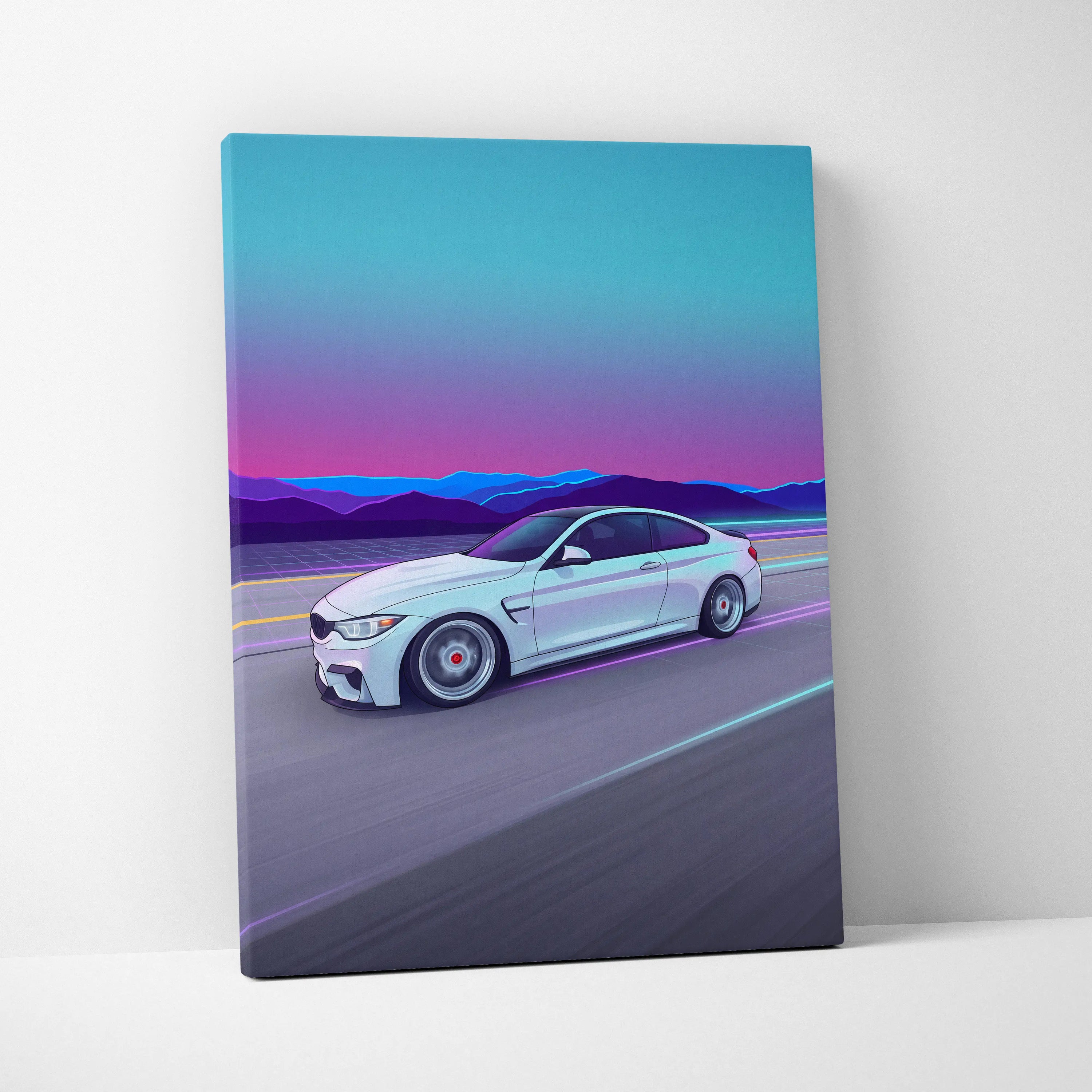 BMW M4 Inspired Vaporwave Car Canvas - Vaporwave Car Neon Pink Blue Living Retro Futurism Nostalgic Mood Neon Decor Wall Art Canvas