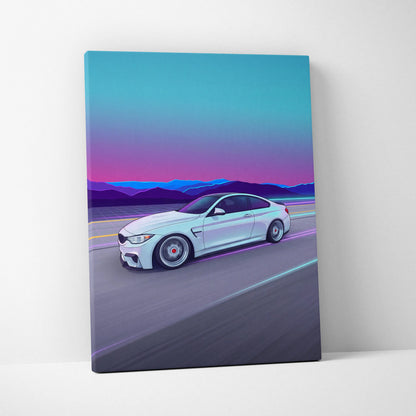 BMW M4 Inspired Vaporwave Car Canvas - Vaporwave Car Neon Pink Blue Living Retro Futurism Nostalgic Mood Neon Decor Wall Art Canvas