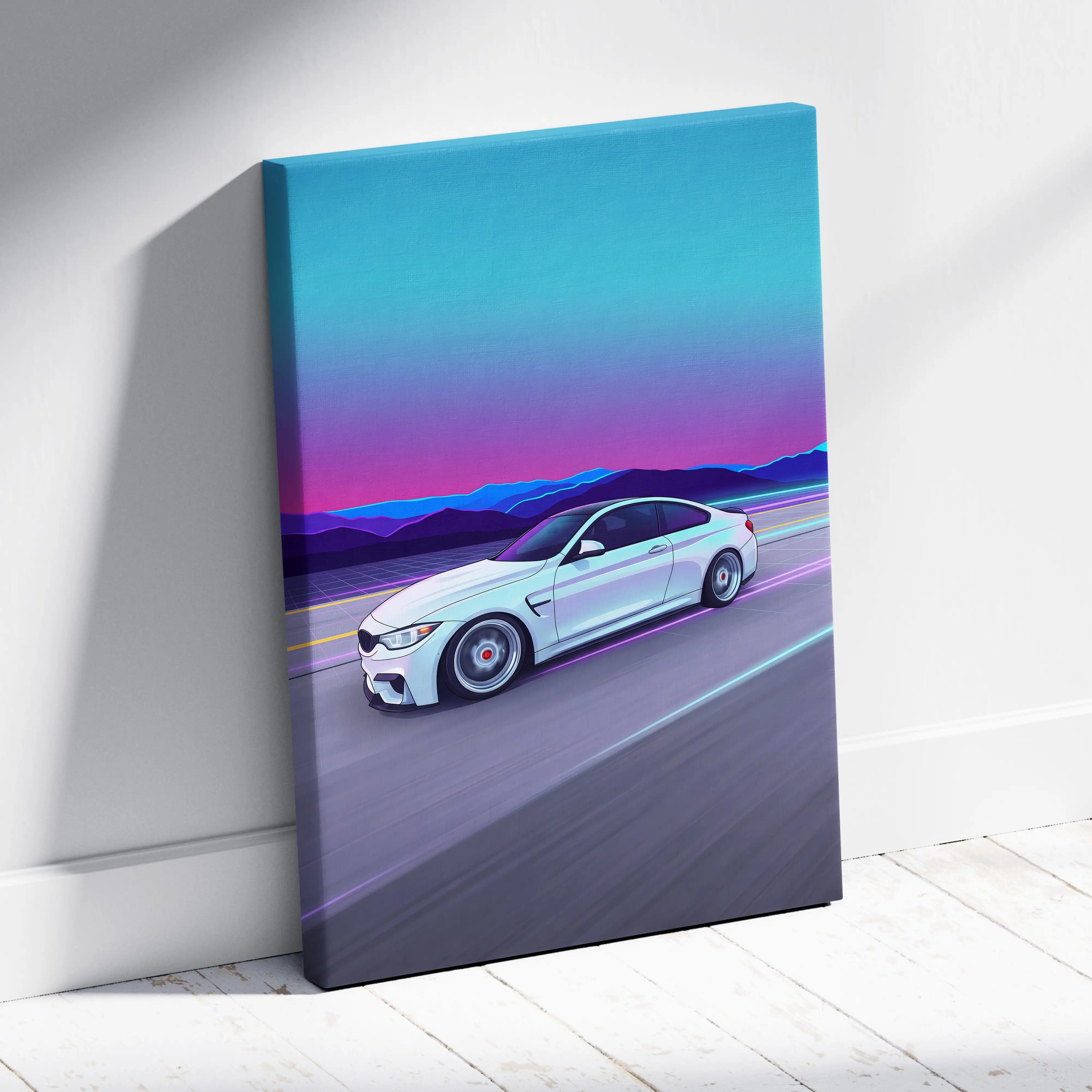 BMW M4 Inspired Vaporwave Car Canvas - Vaporwave Car Neon Pink Blue Living Retro Futurism Nostalgic Mood Neon Decor Wall Art Canvas