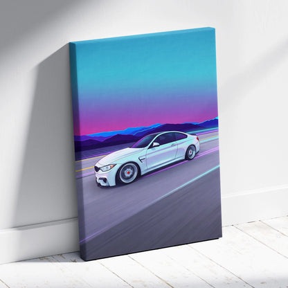 BMW M4 Inspired Vaporwave Car Canvas - Vaporwave Car Neon Pink Blue Living Retro Futurism Nostalgic Mood Neon Decor Wall Art Canvas