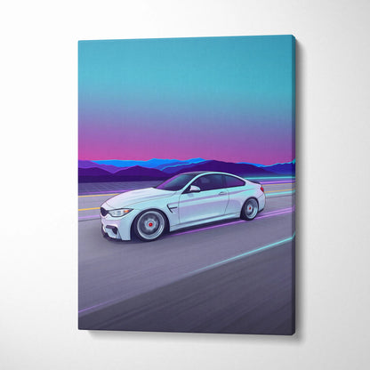 BMW M4 Inspired Vaporwave Car Canvas - Vaporwave Car Neon Pink Blue Living Retro Futurism Nostalgic Mood Neon Decor Wall Art Canvas