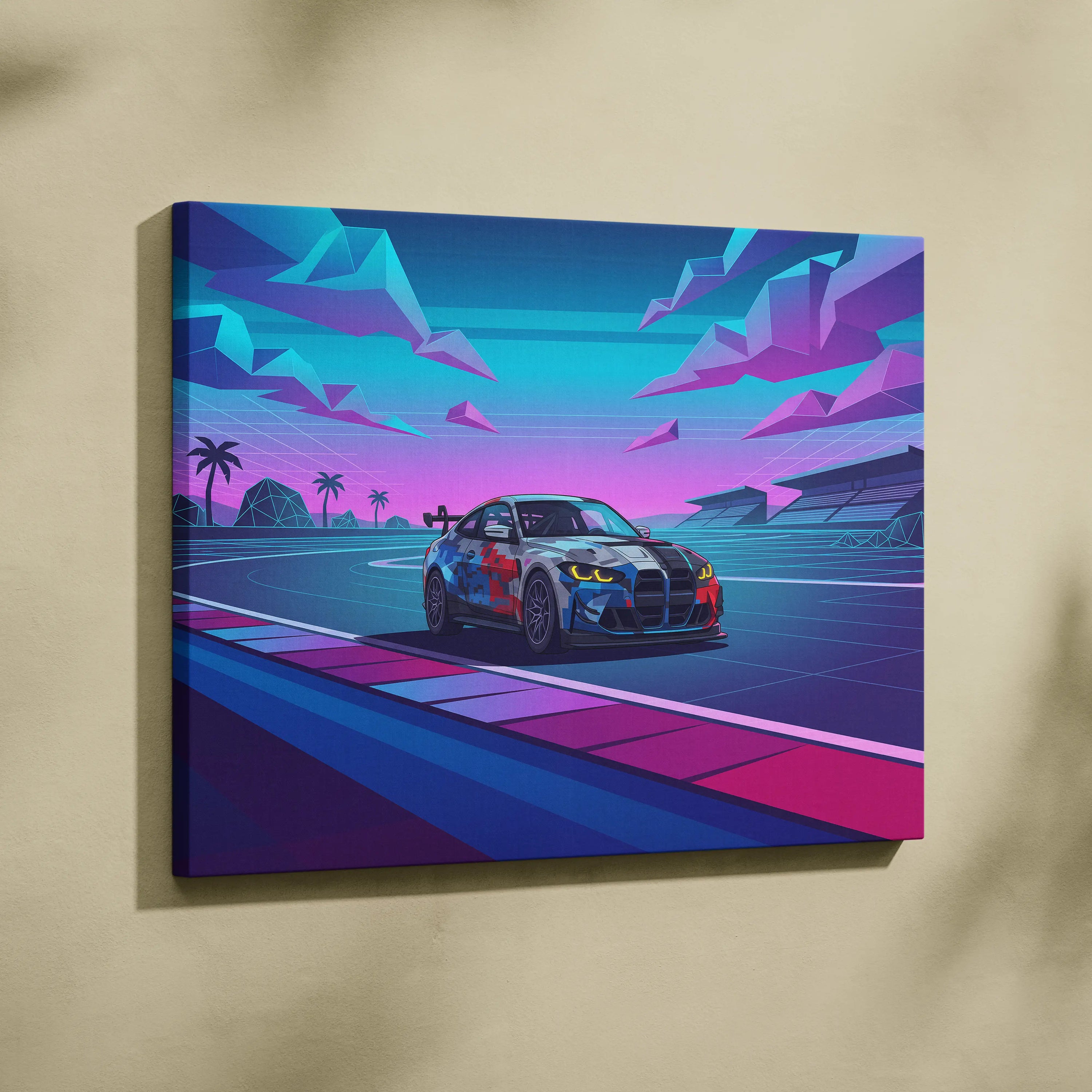 BMW M4 GT3 EVO Inspired Vaporwave Car Canvas - Vaporwave Neon Car Pink Blue Living Room Retro Futurist Dreamy Neon Mood Vaporwave Wall Art