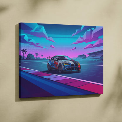 BMW M4 GT3 EVO Inspired Vaporwave Car Canvas - Vaporwave Neon Car Pink Blue Living Room Retro Futurist Dreamy Neon Mood Vaporwave Wall Art