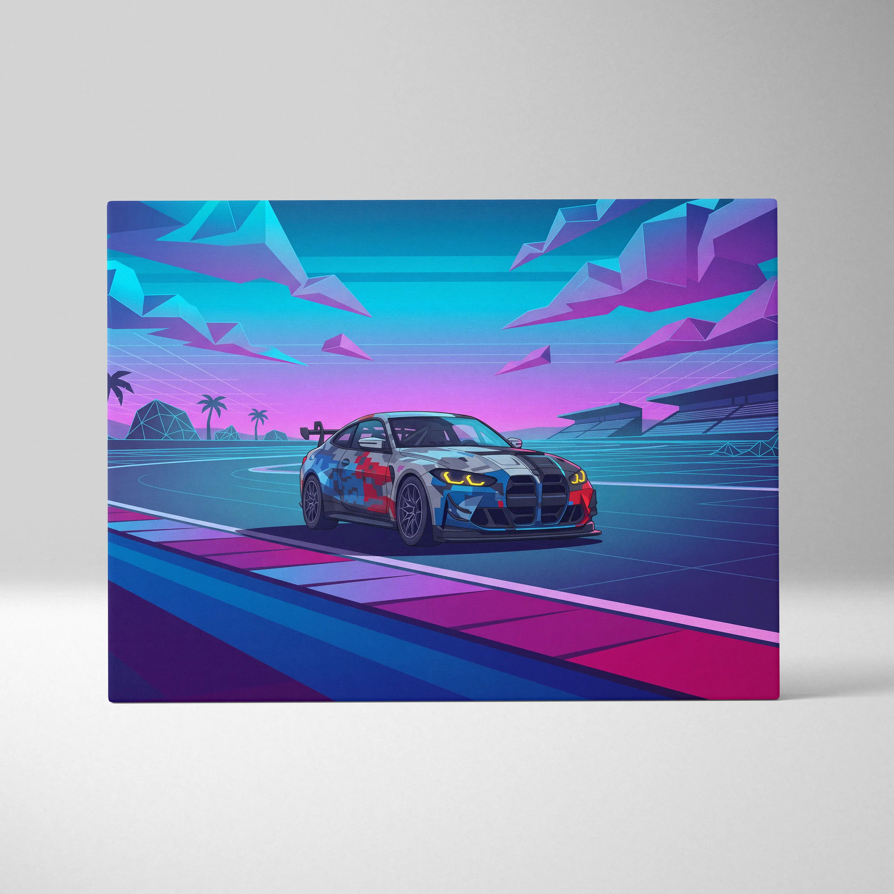 BMW M4 GT3 EVO Inspired Vaporwave Car Canvas - Vaporwave Neon Car Pink Blue Living Room Retro Futurist Dreamy Neon Mood Vaporwave Wall Art