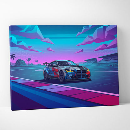BMW M4 GT3 EVO Inspired Vaporwave Car Canvas - Vaporwave Neon Car Pink Blue Living Room Retro Futurist Dreamy Neon Mood Vaporwave Wall Art