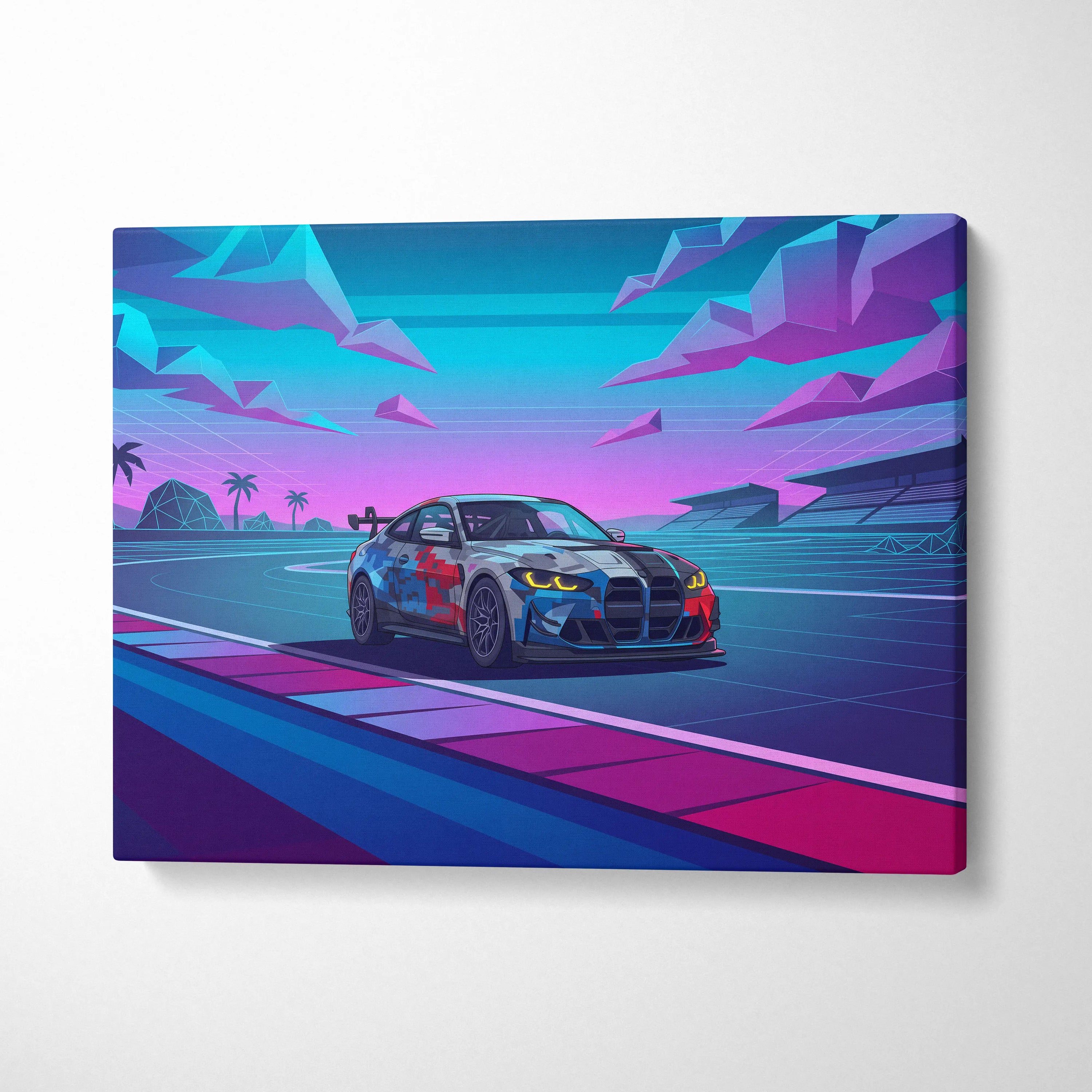 BMW M4 GT3 EVO Inspired Vaporwave Car Canvas - Vaporwave Neon Car Pink Blue Living Room Retro Futurist Dreamy Neon Mood Vaporwave Wall Art