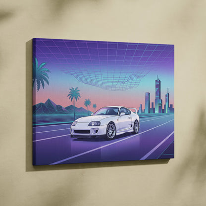 Mk4 Toyota Supra Inspired Vaporwave Car Canvas - Vaporwave Car Purple Teal Living Room Retro Futurism Nostalgic Energy Vaporwave Canvas Print