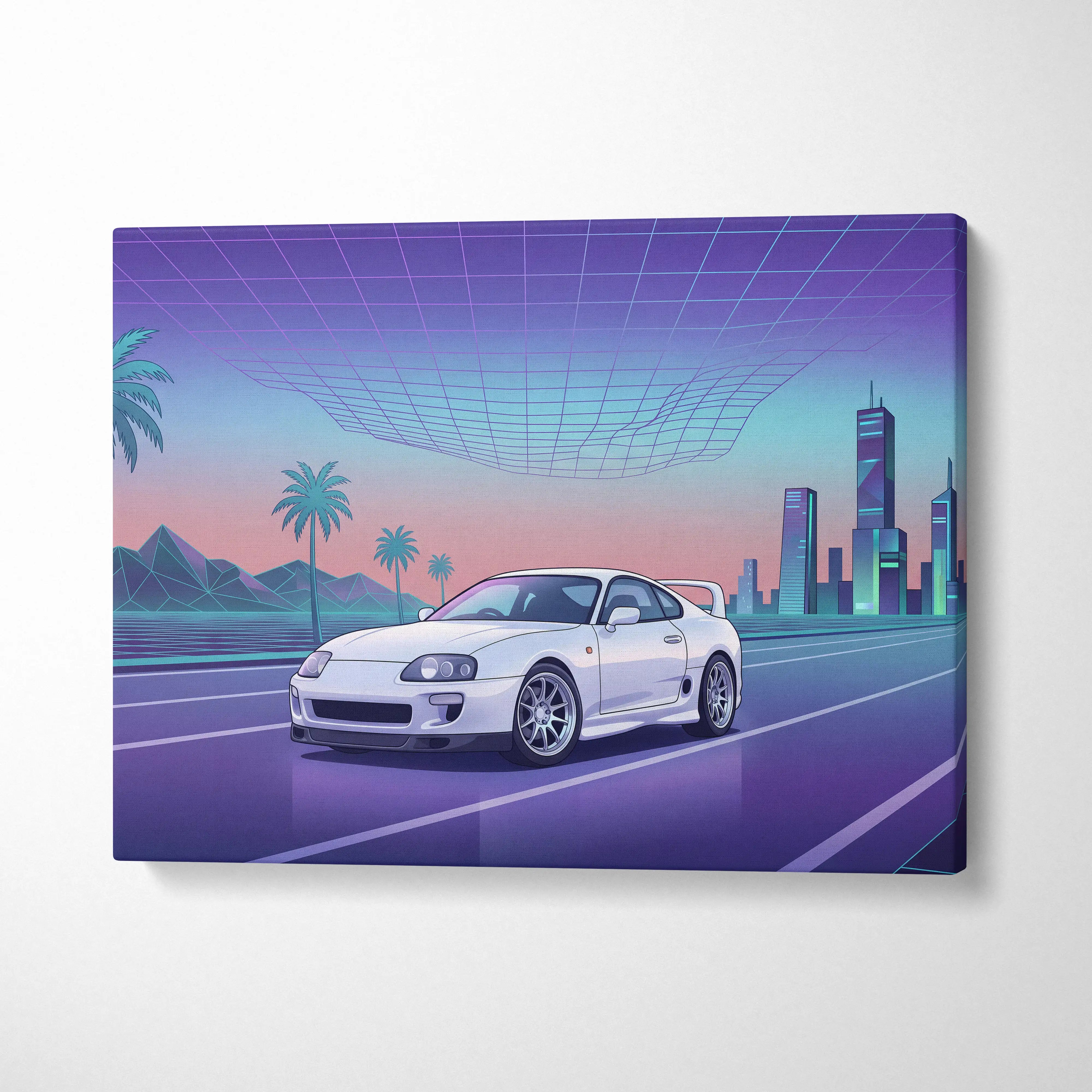 White toyota supra sports car on a retro-futuristic vaporwave digital art canvas print for living room decor