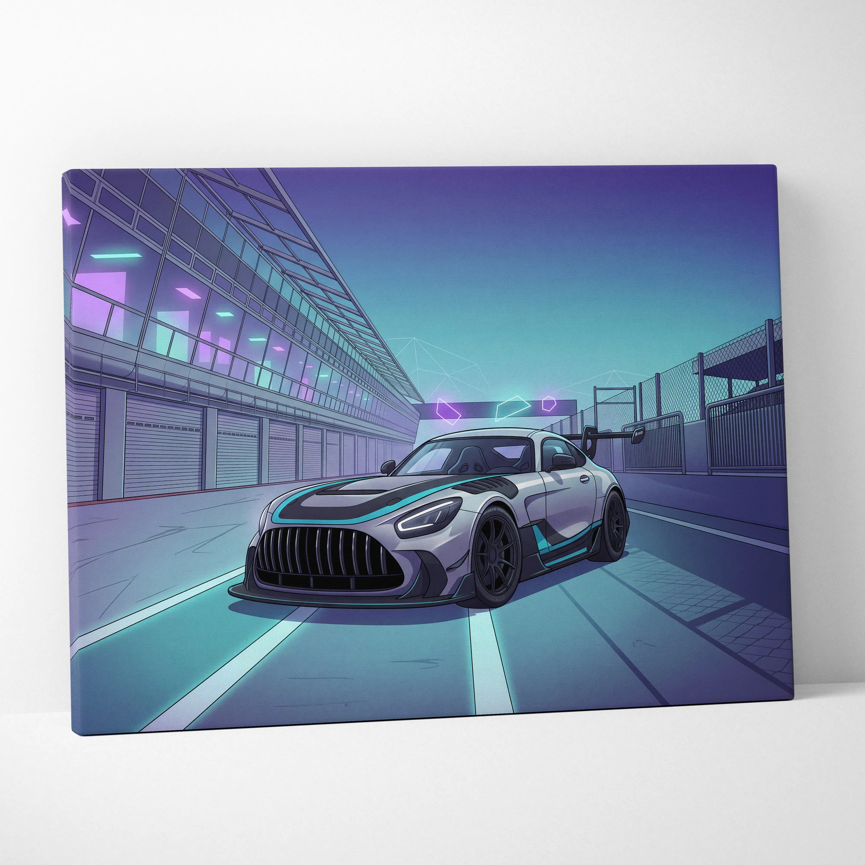 Mercedes-AMG GT3 Vaporwave Car Canvas - Vaporwave Cars Neon Teal Pink Room Decor Retro Futurism Mood Nostalgic Geometric Canvas