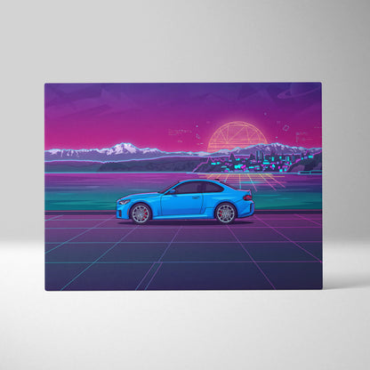 BMW M2 Inspired Vaporwave Car Canvas - Car Neon Purple Pink Blue Living Room Vaporwave Nostalgic Neon Glow Cityscape Grid Canvas Print