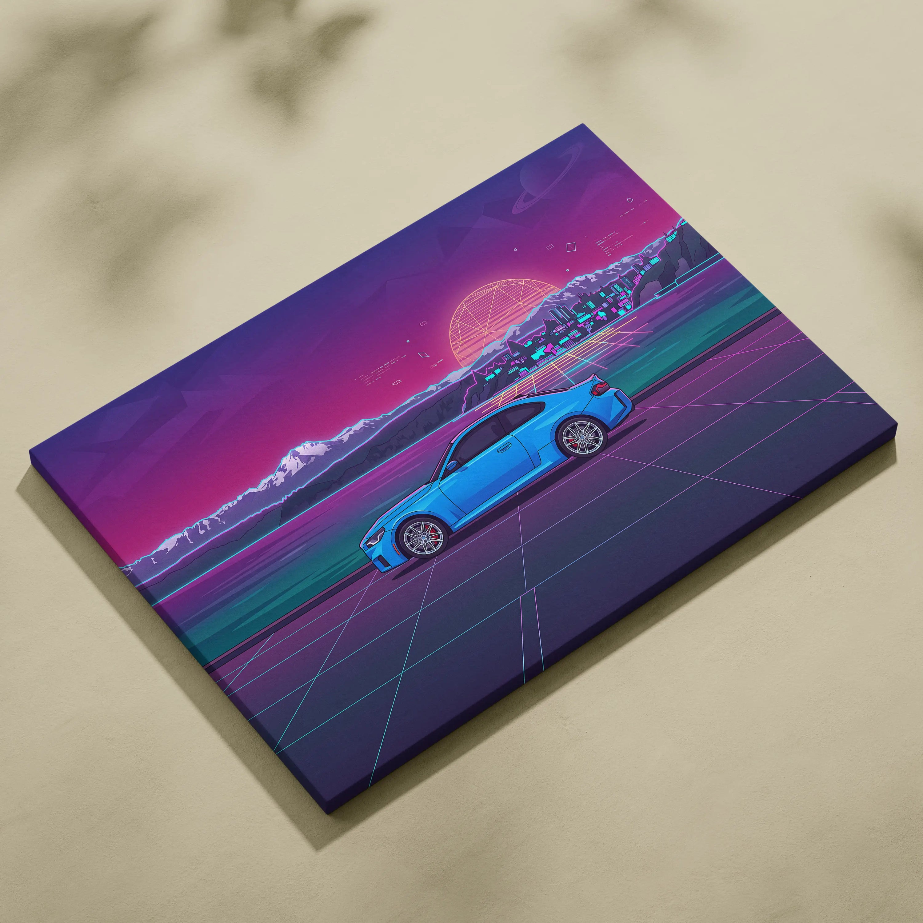 BMW M2 Inspired Vaporwave Car Canvas - Car Neon Purple Pink Blue Living Room Vaporwave Nostalgic Neon Glow Cityscape Grid Canvas Print