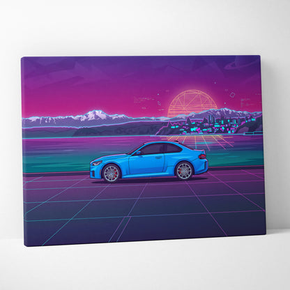BMW M2 Inspired Vaporwave Car Canvas - Car Neon Purple Pink Blue Living Room Vaporwave Nostalgic Neon Glow Cityscape Grid Canvas Print
