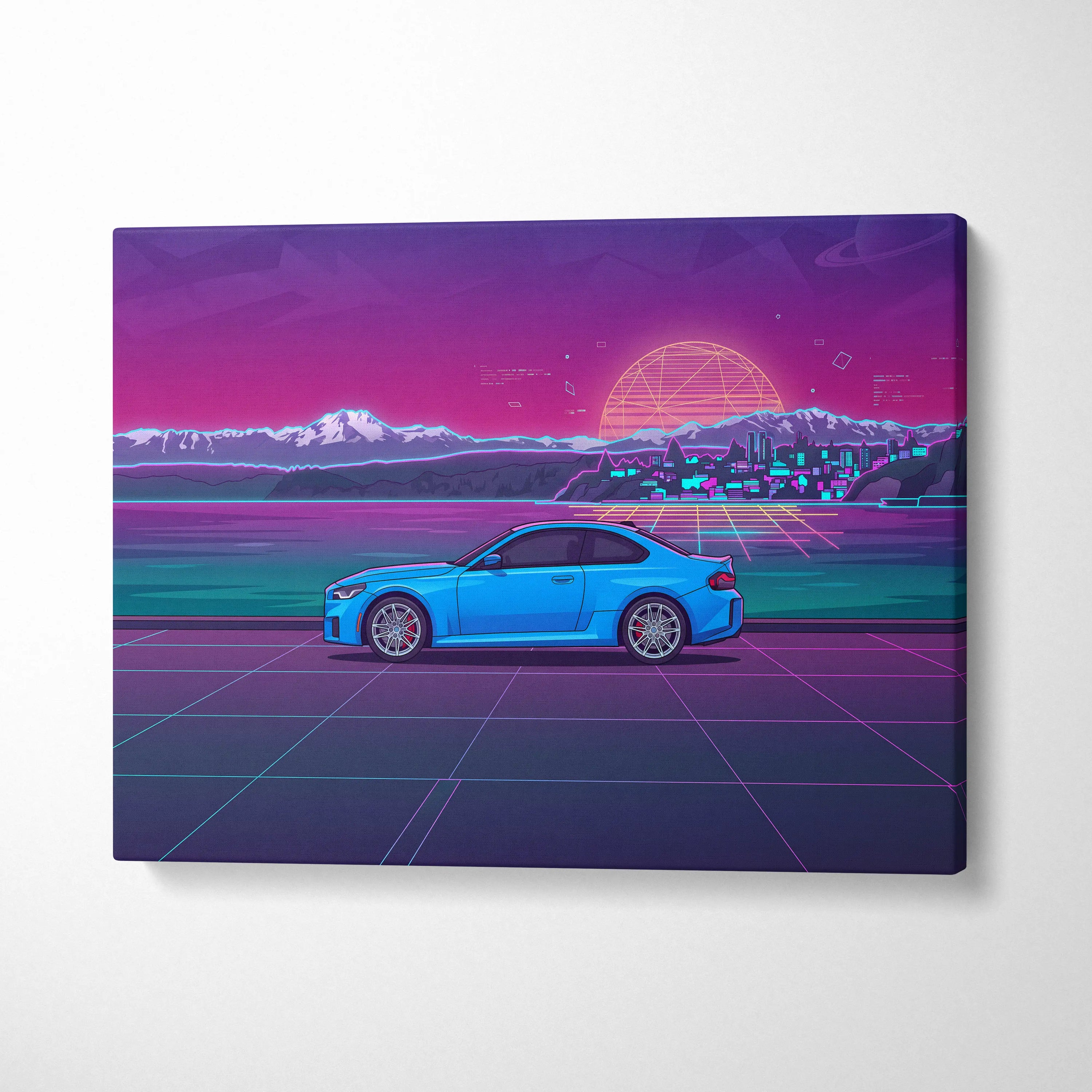 BMW M2 Inspired Vaporwave Car Canvas - Car Neon Purple Pink Blue Living Room Vaporwave Nostalgic Neon Glow Cityscape Grid Canvas Print