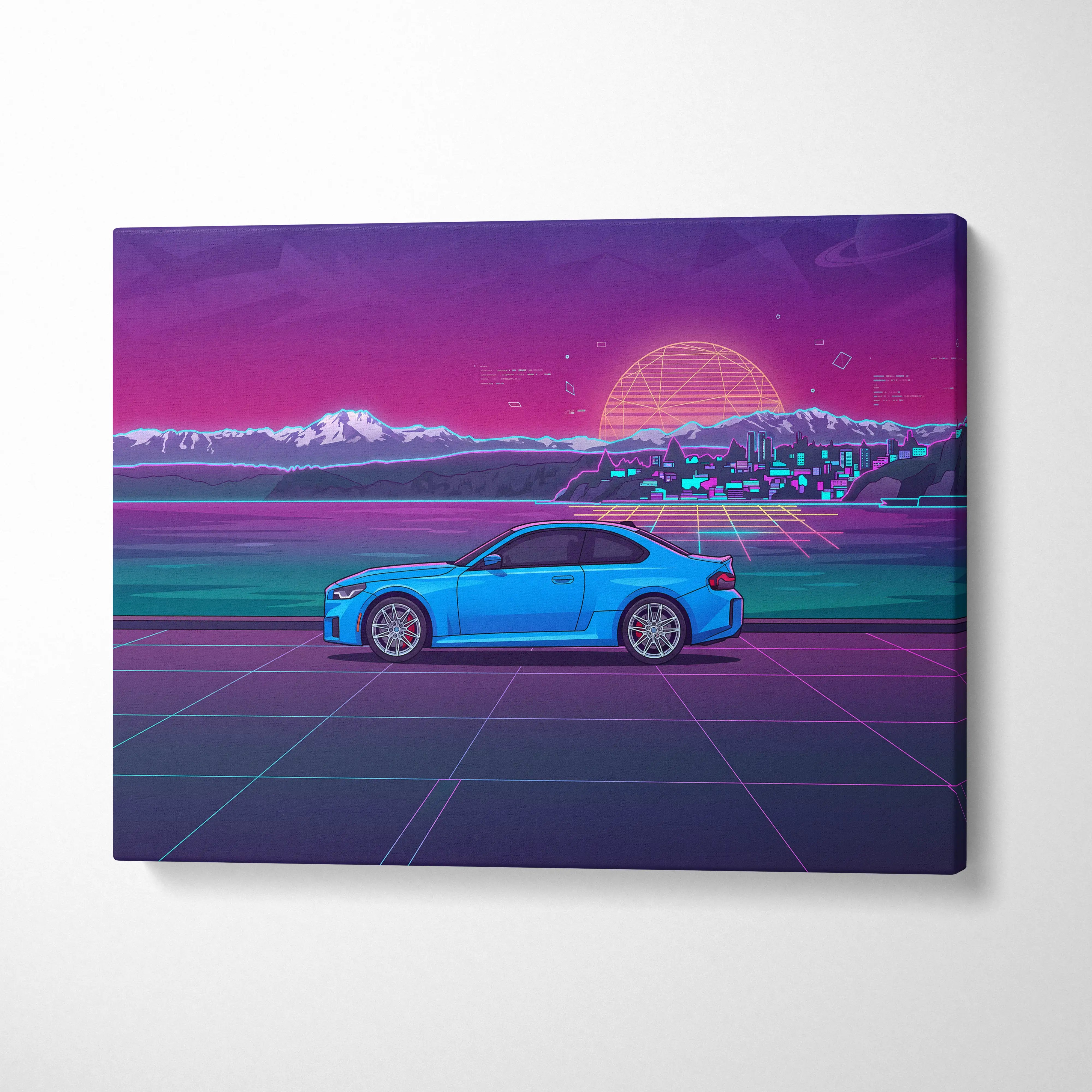 BMW M2 Inspired Vaporwave Car Canvas - Car Neon Purple Pink Blue Living Room Vaporwave Nostalgic Neon Glow Cityscape Grid Canvas Print