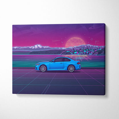 BMW M2 Inspired Vaporwave Car Canvas - Car Neon Purple Pink Blue Living Room Vaporwave Nostalgic Neon Glow Cityscape Grid Canvas Print