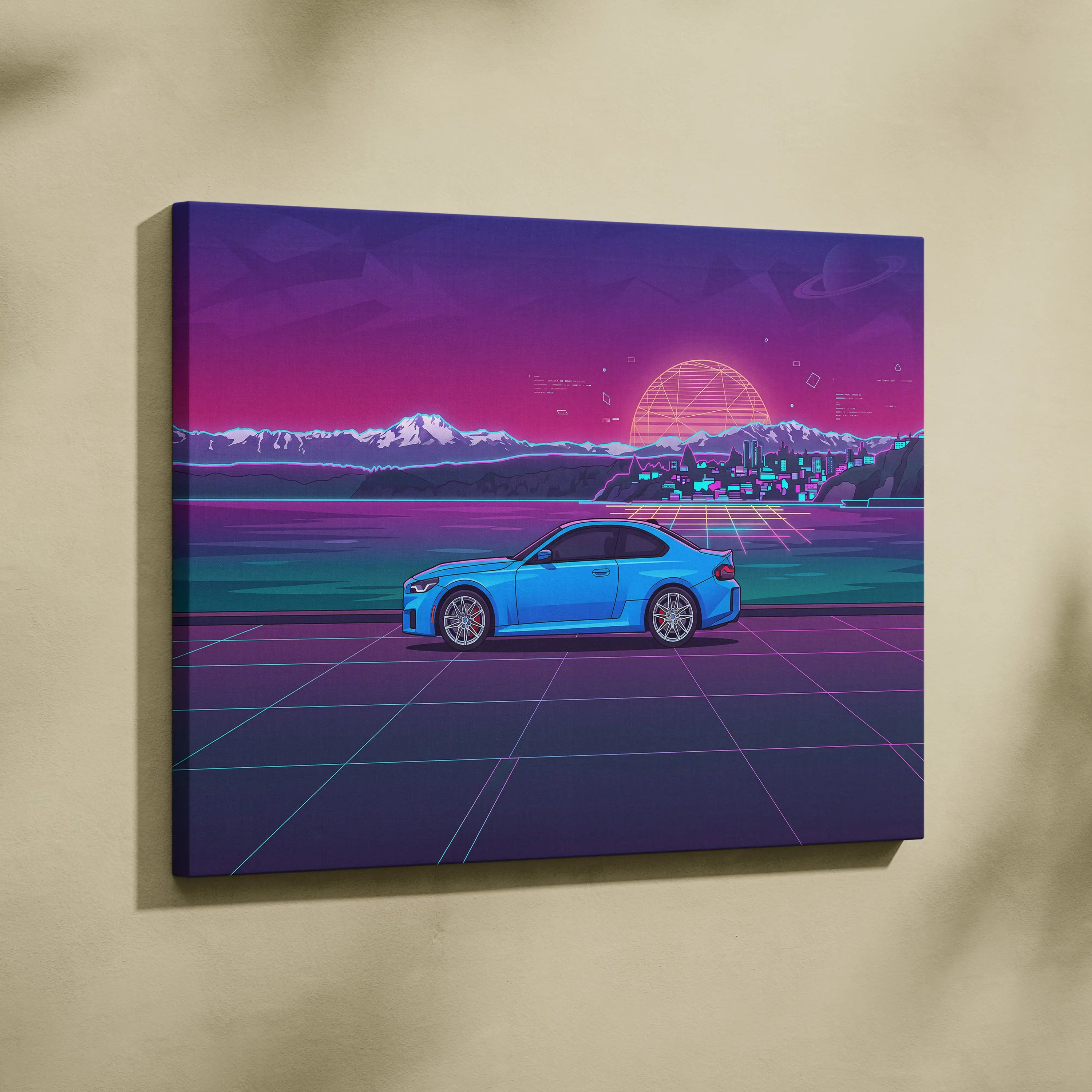 BMW M2 Inspired Vaporwave Car Canvas - Car Neon Purple Pink Blue Living Room Vaporwave Nostalgic Neon Glow Cityscape Grid Canvas Print