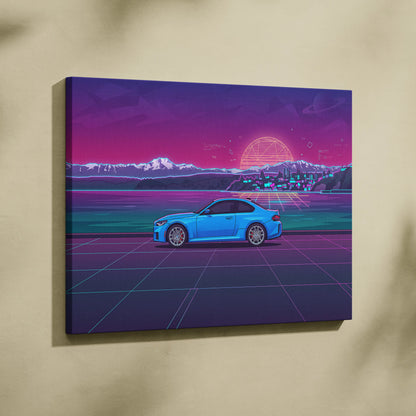 BMW M2 Inspired Vaporwave Car Canvas - Car Neon Purple Pink Blue Living Room Vaporwave Nostalgic Neon Glow Cityscape Grid Canvas Print