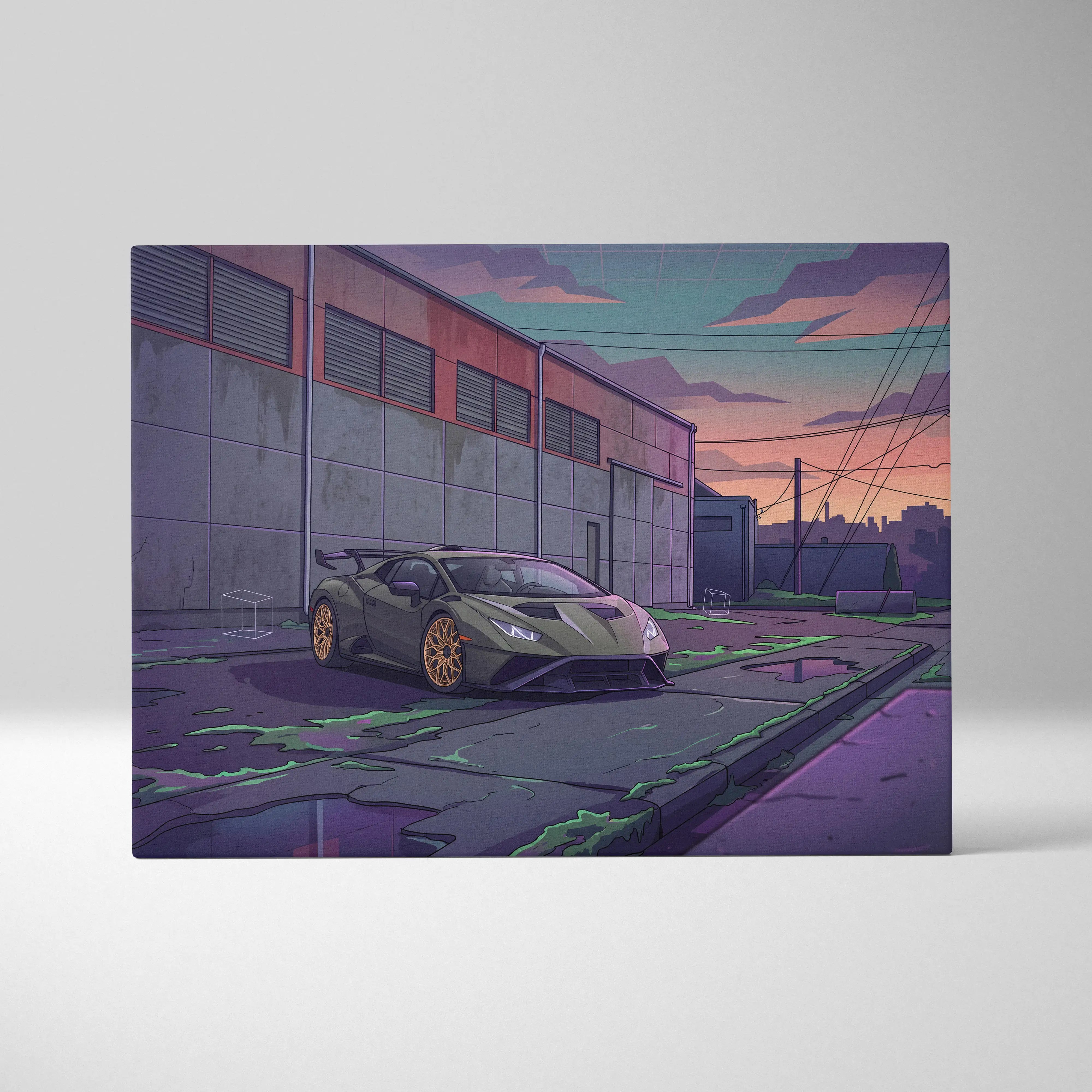 Olive green lamborghini huracan sports car with gold rims parked in an urban alleyway on neon purple teal canvas art