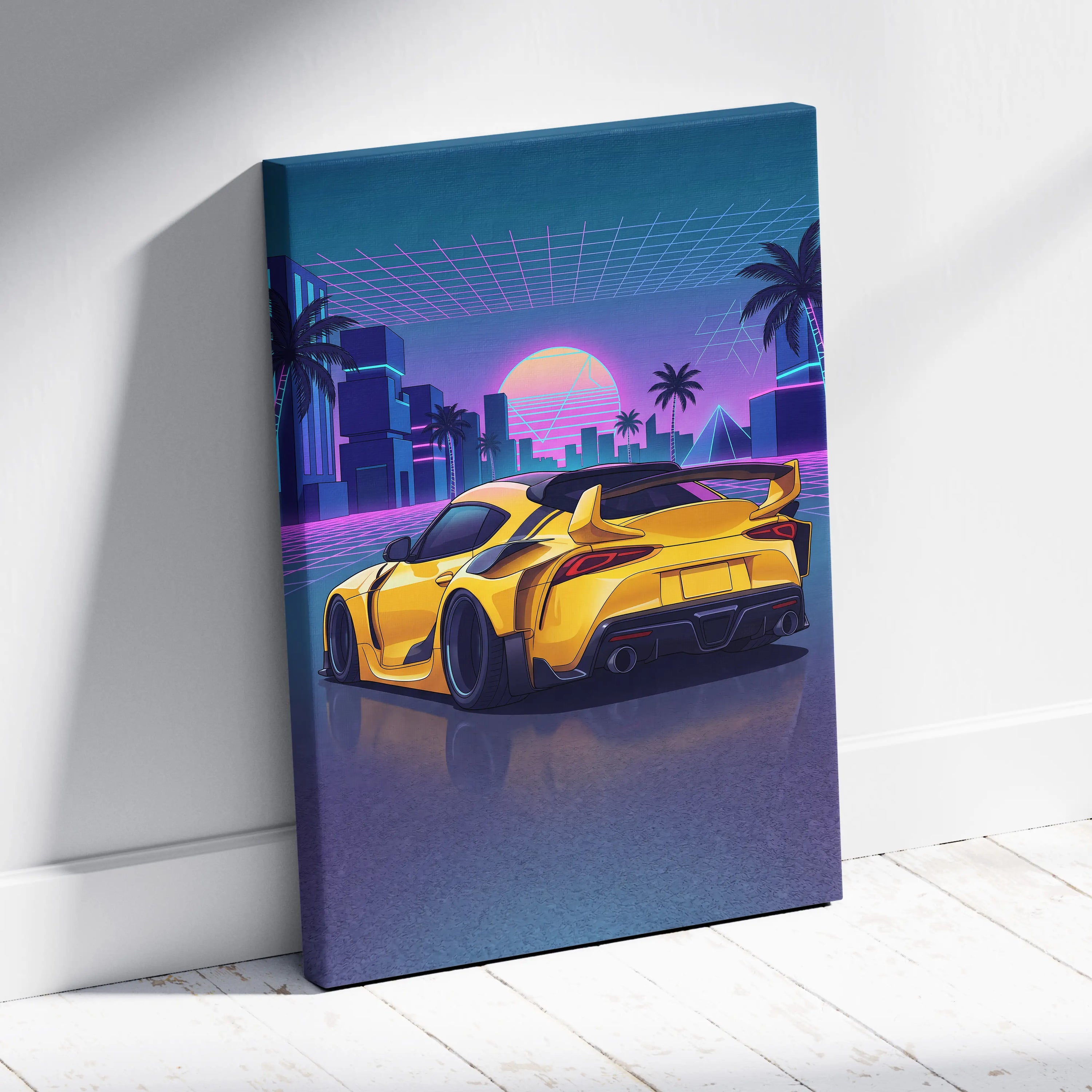 Toyota Mk5 Supra Inspired Vaporwave Car Canvas - Car Neon Pink Purple Blue Living Room Vaporwave Neon Mood Synthwave 80s Canvas Print