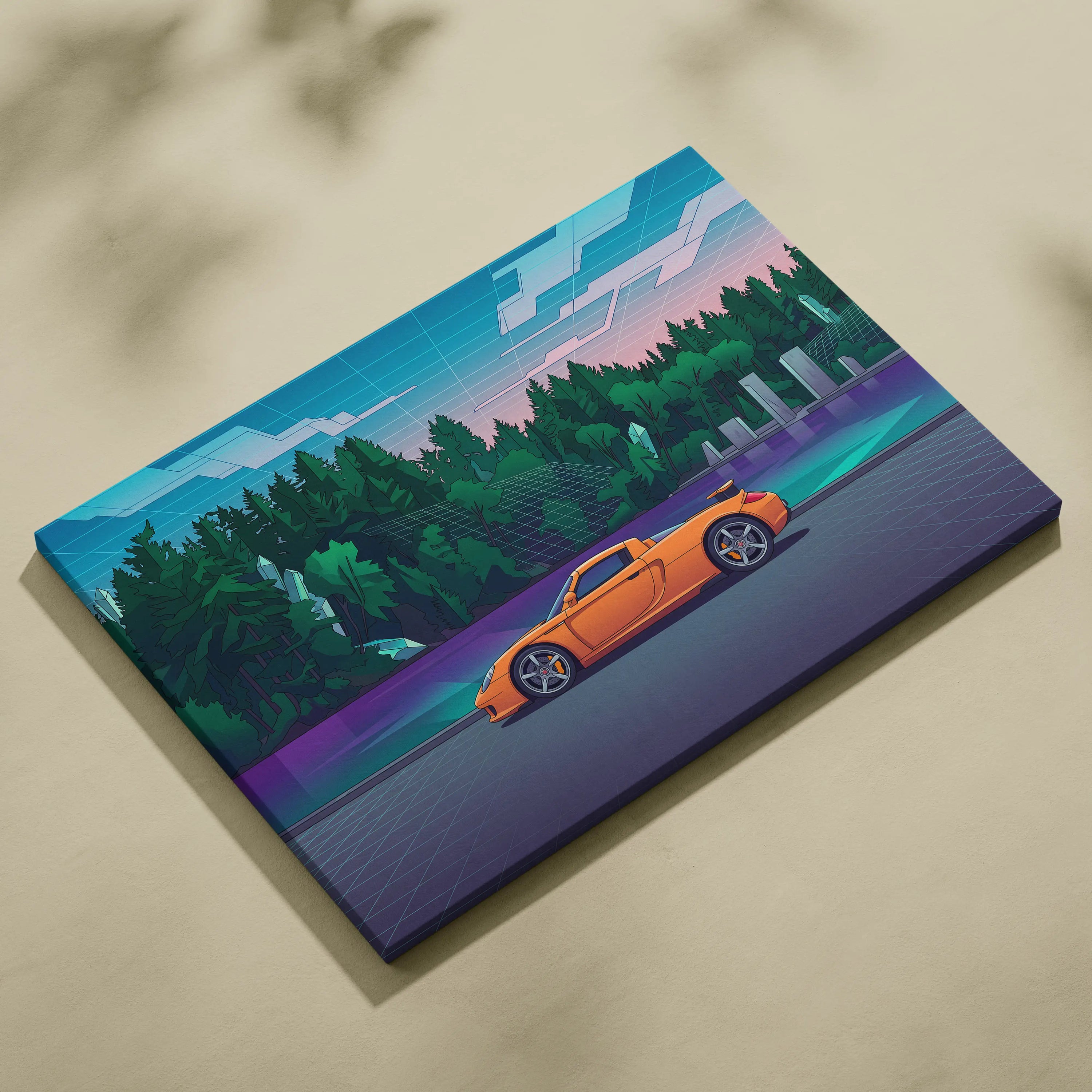 Porsche Carrera GT Inspired Vaporwave Car Canvas - Car Artwork Neon Blues Pinks Living Room Vaporwave Retro Futurism