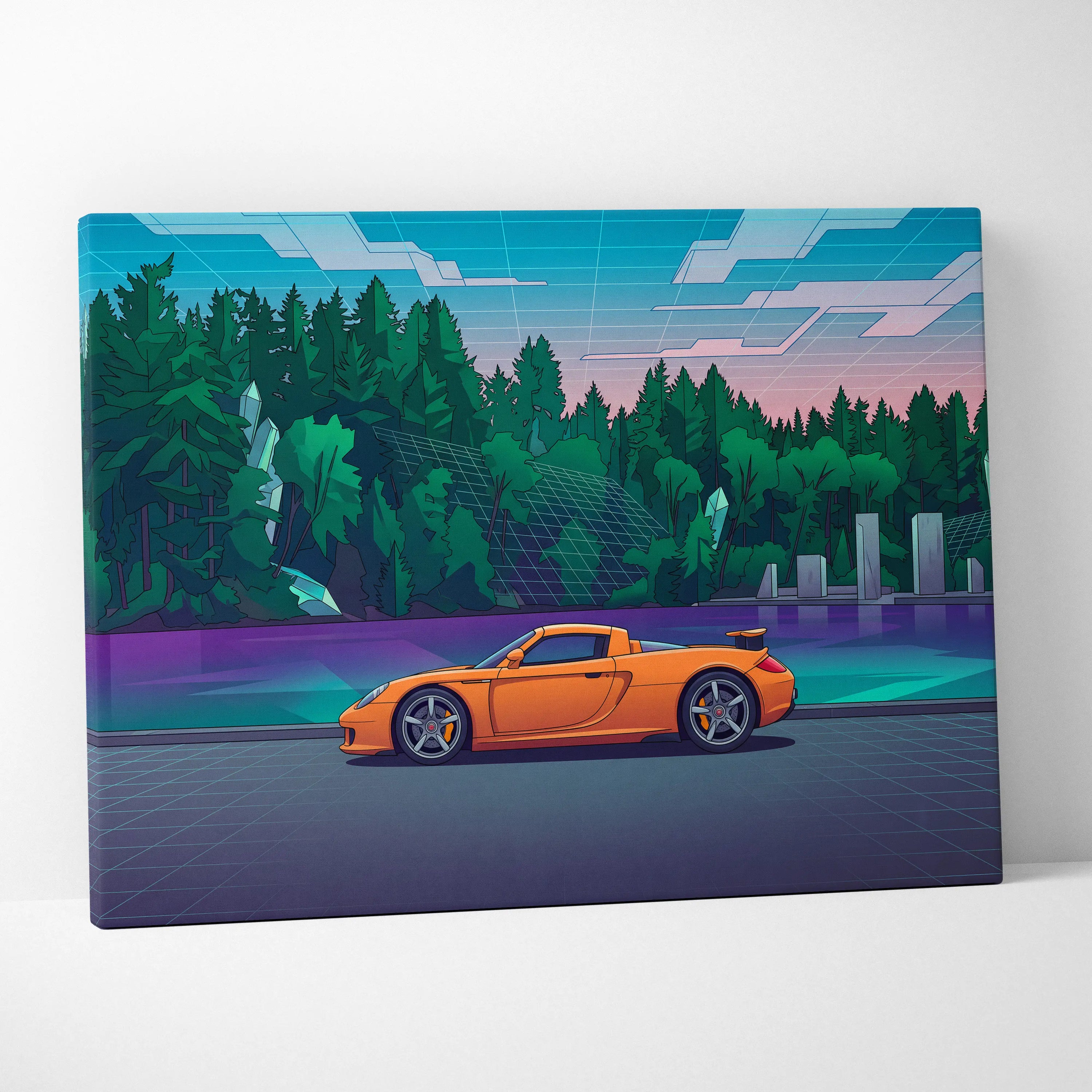 Porsche Carrera GT Inspired Vaporwave Car Canvas - Car Artwork Neon Blues Pinks Living Room Vaporwave Retro Futurism