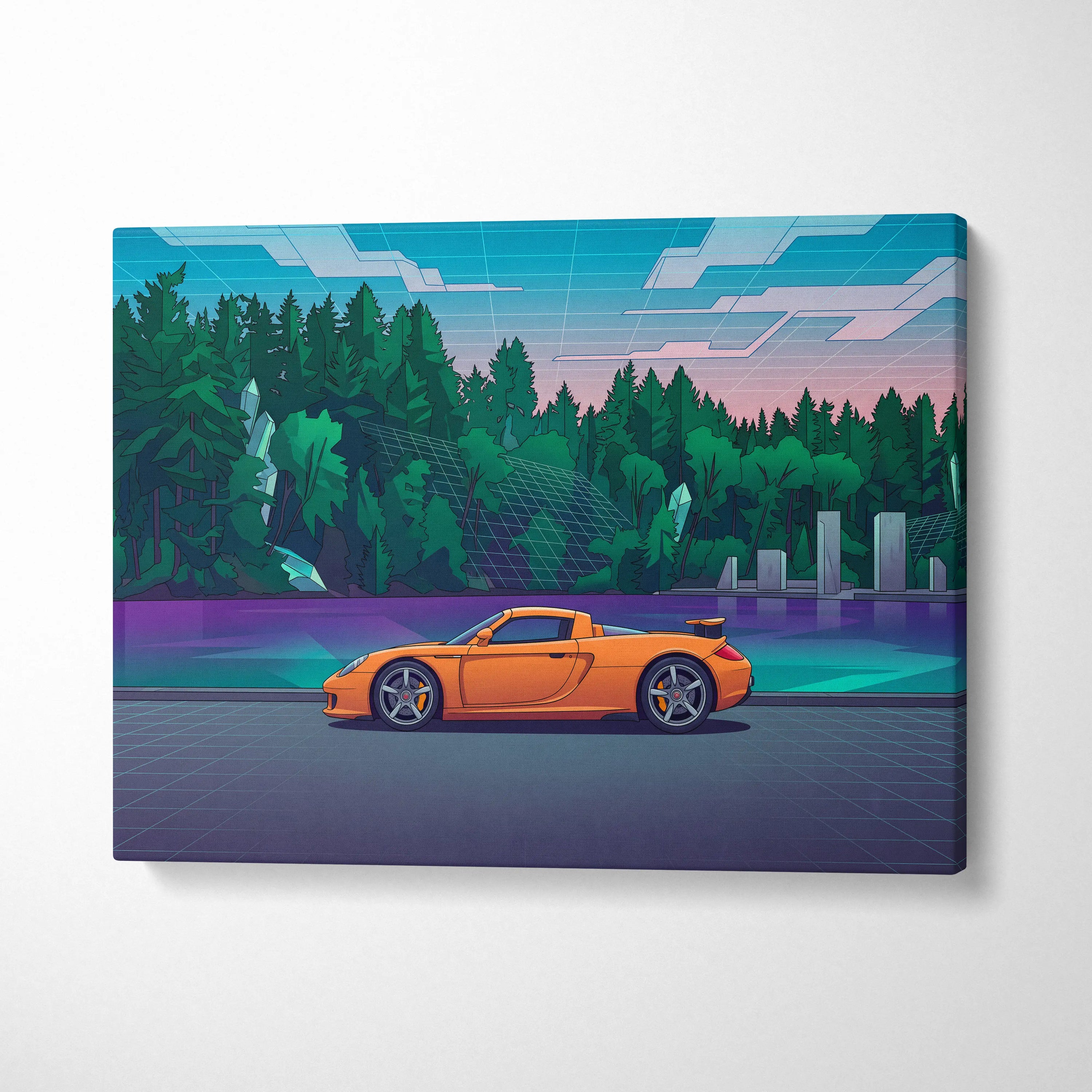 Porsche Carrera GT Inspired Vaporwave Car Canvas - Car Artwork Neon Blues Pinks Living Room Vaporwave Retro Futurism