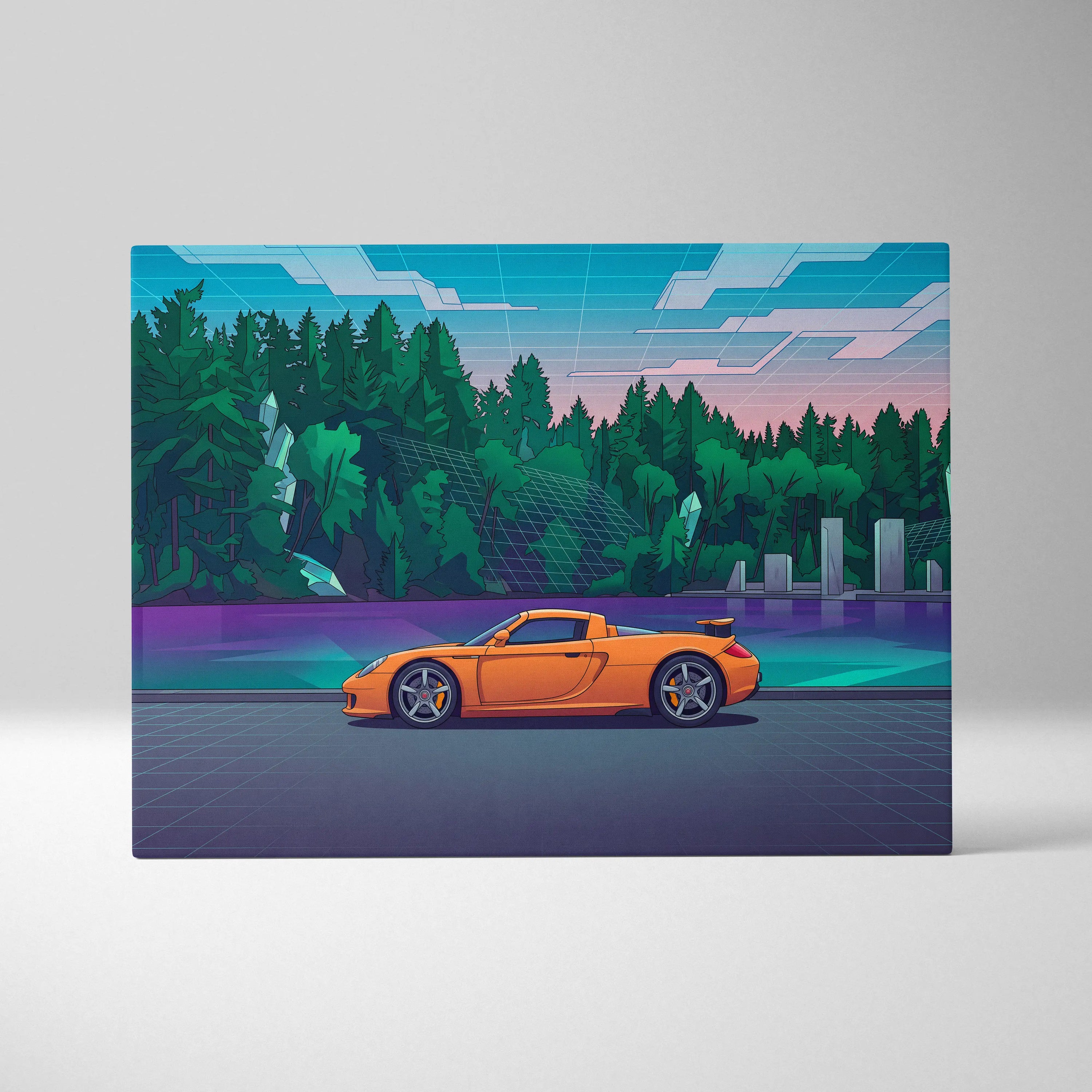 Porsche Carrera GT Inspired Vaporwave Car Canvas - Car Artwork Neon Blues Pinks Living Room Vaporwave Retro Futurism