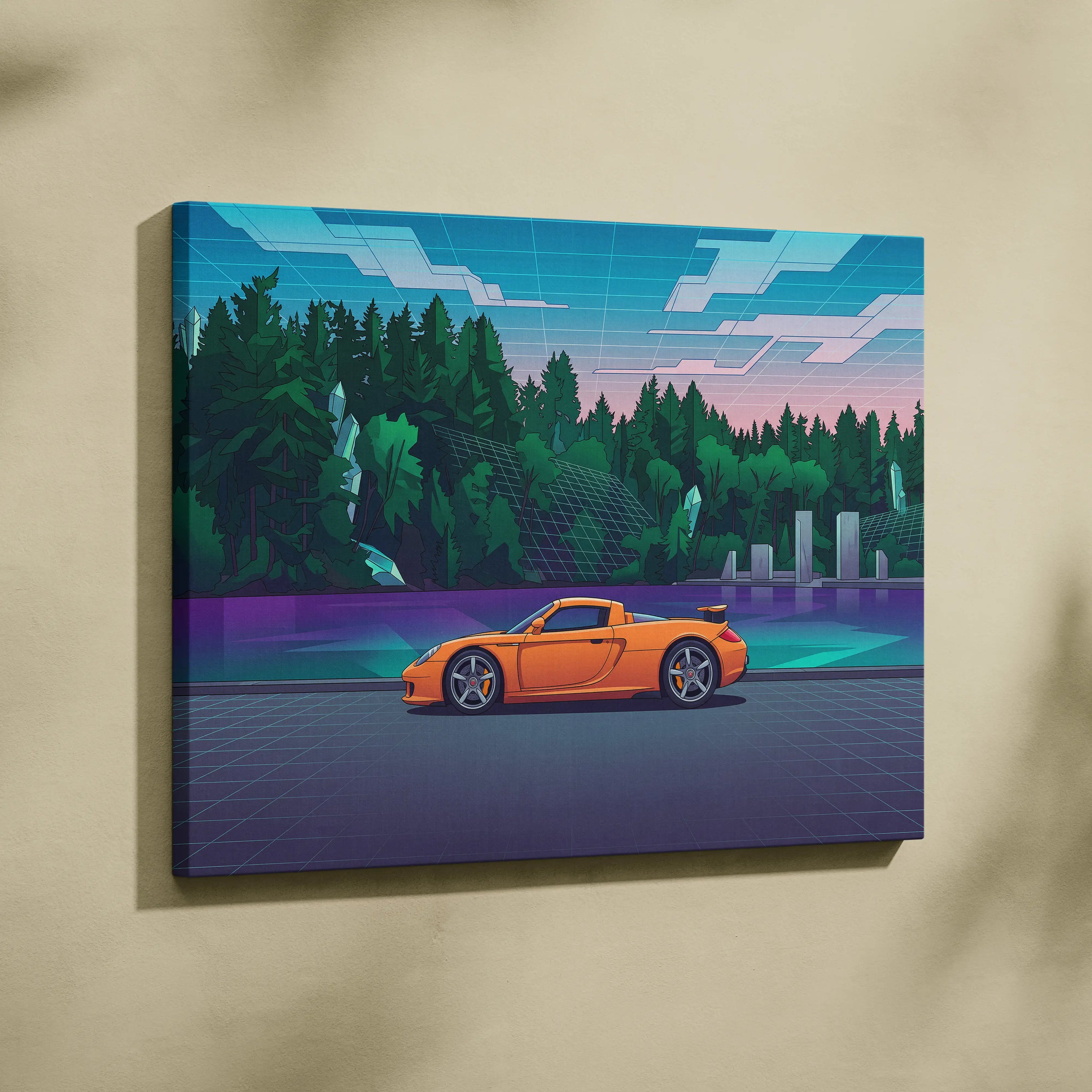 Porsche Carrera GT Inspired Vaporwave Car Canvas - Car Artwork Neon Blues Pinks Living Room Vaporwave Retro Futurism