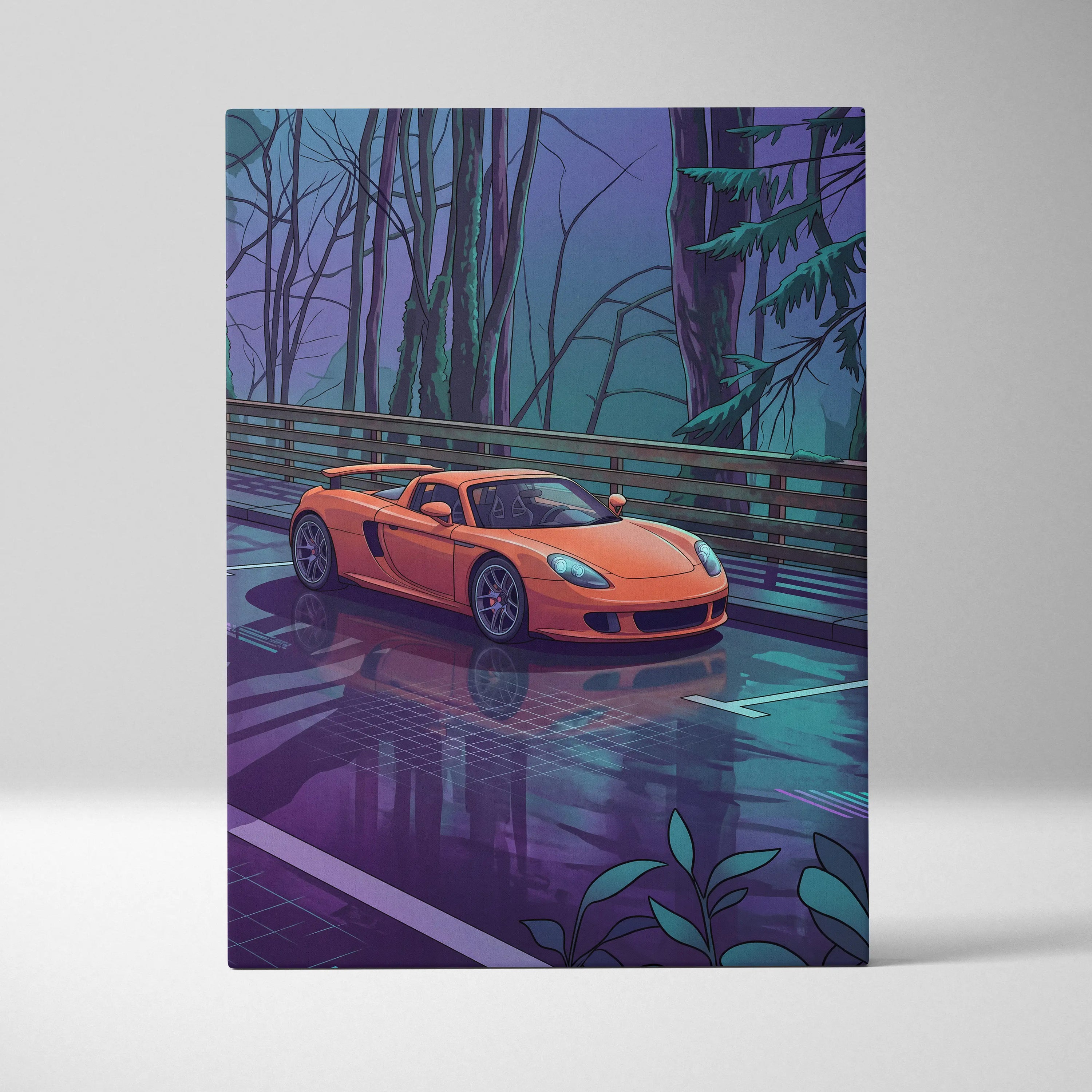 Porsche Carrera GT Inspired Vaporwave Canvas Print - Car Neon Purple Blue Teal Living Room Vaporwave Nostalgic Energy Neon Car Art Canvas