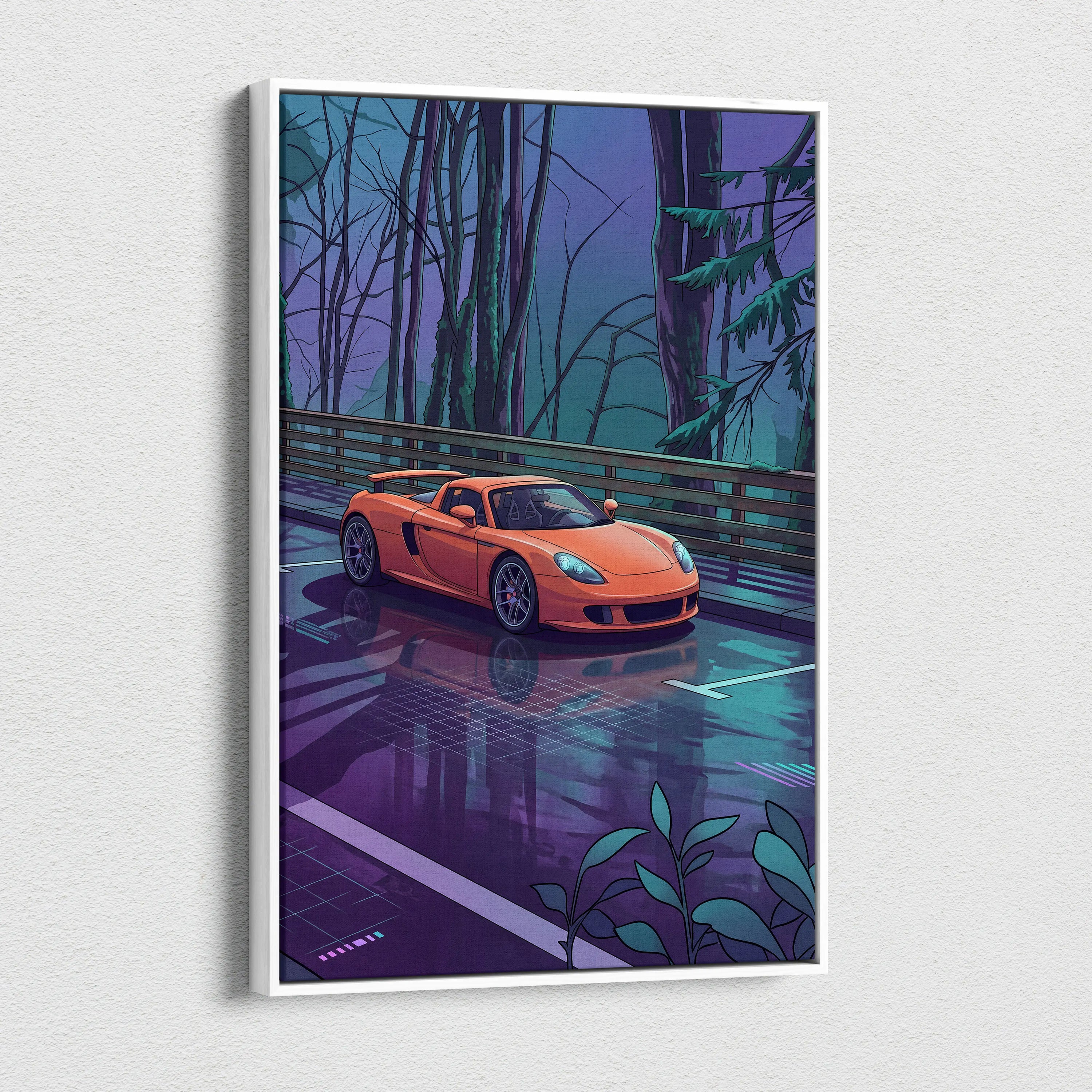 Porsche Carrera GT Inspired Vaporwave Canvas Print - Car Neon Purple Blue Teal Living Room Vaporwave Nostalgic Energy Neon Car Art Canvas