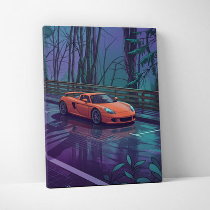 Porsche Carrera GT Inspired Vaporwave Canvas Print - Car Neon Purple Blue Teal Living Room Vaporwave Nostalgic Energy Neon Car Art Canvas