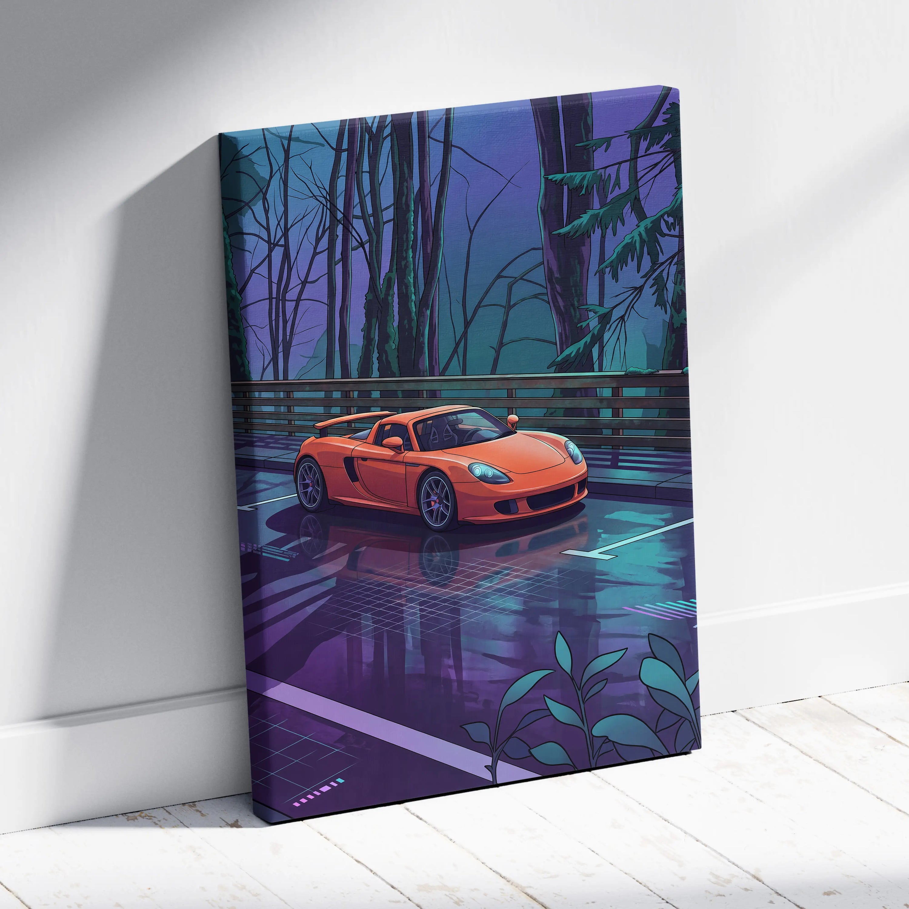 Porsche Carrera GT Inspired Vaporwave Canvas Print - Car Neon Purple Blue Teal Living Room Vaporwave Nostalgic Energy Neon Car Art Canvas