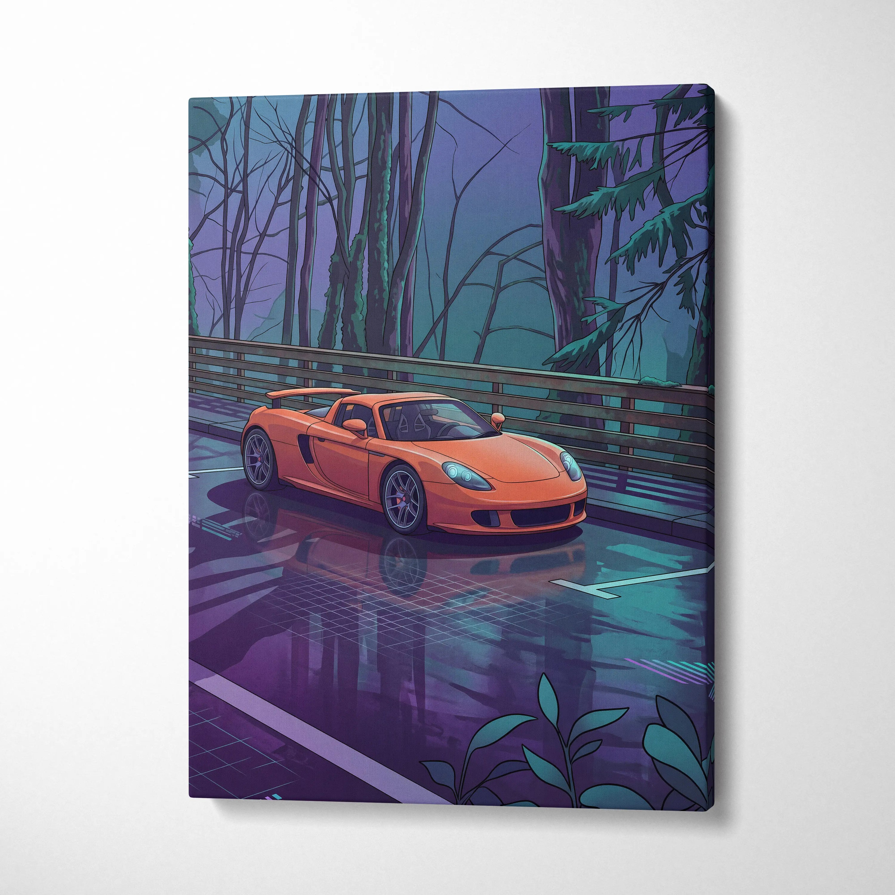 Porsche Carrera GT Inspired Vaporwave Canvas Print - Car Neon Purple Blue Teal Living Room Vaporwave Nostalgic Energy Neon Car Art Canvas