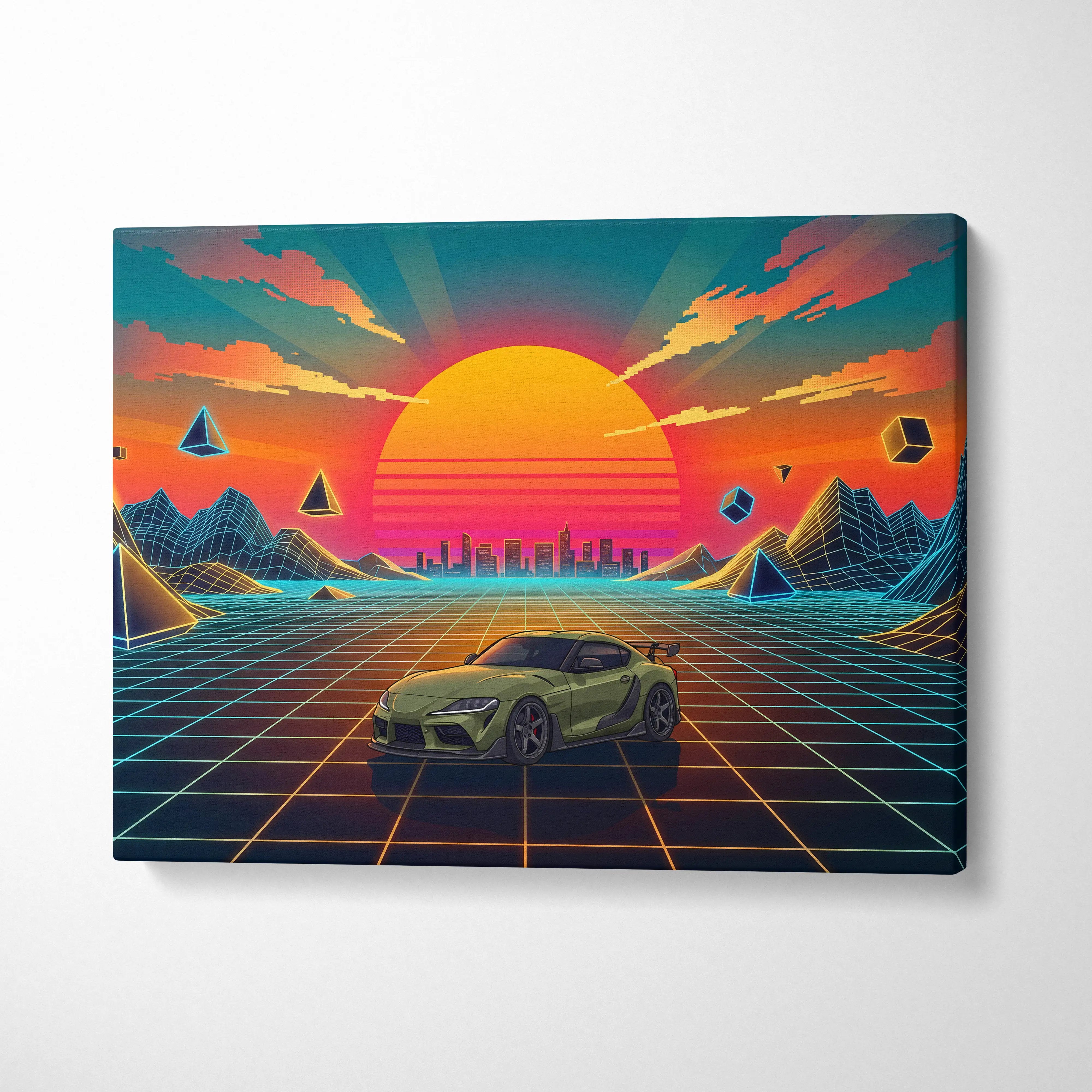Olive green sports car in retro-futuristic digital art style on canvas for vaporwave living room decor