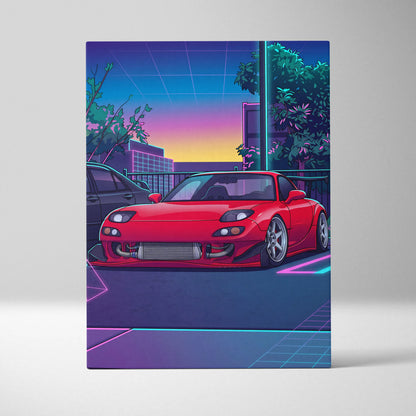 Mazda FD RX7 Inspired Vaporwave Car Canvas - Vaporwave Car Artwork Neon Pink Teal Living Room Retro Energetic Nostalgia Wall Art Canvas