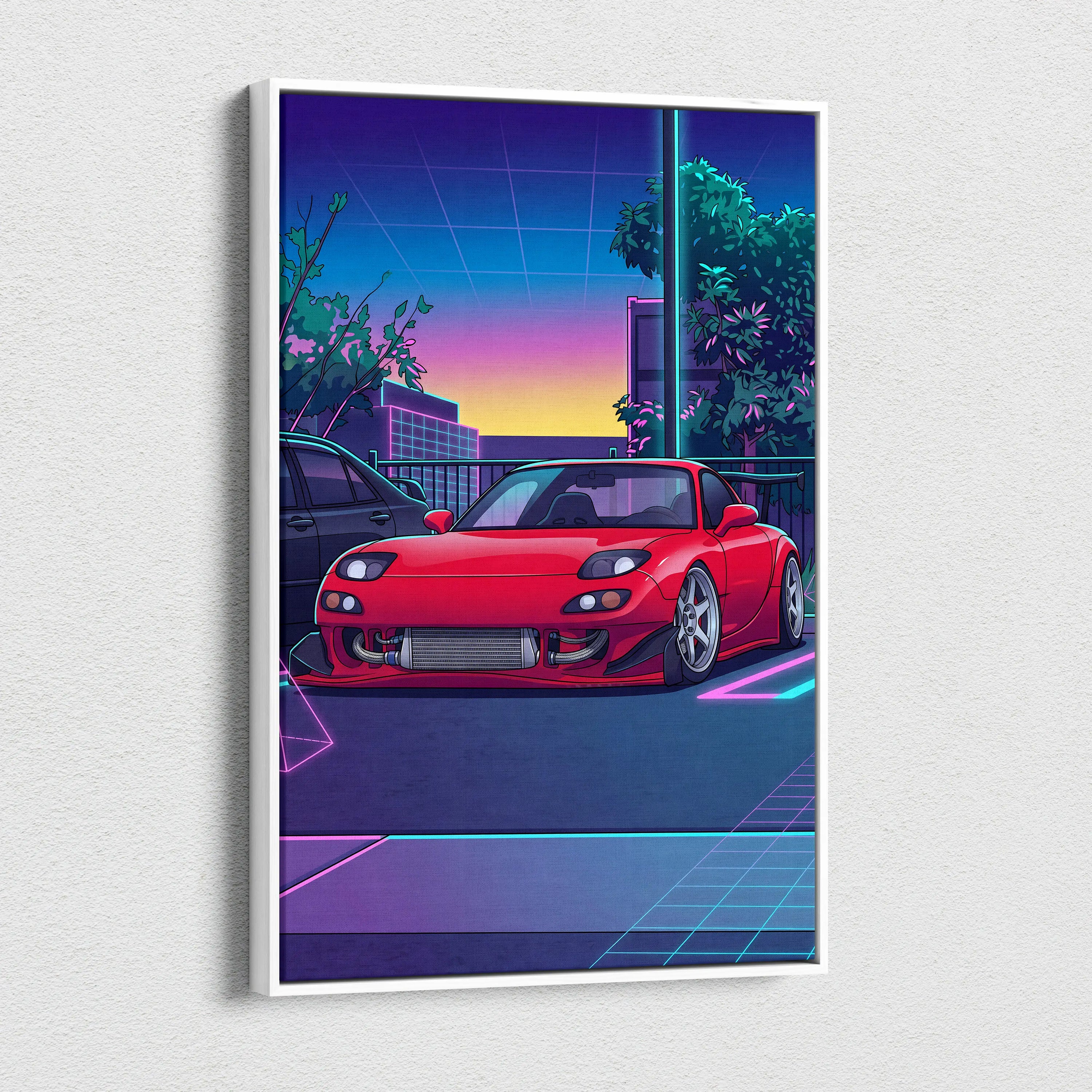 Mazda FD RX7 Inspired Vaporwave Car Canvas - Vaporwave Car Artwork Neon Pink Teal Living Room Retro Energetic Nostalgia Wall Art Canvas