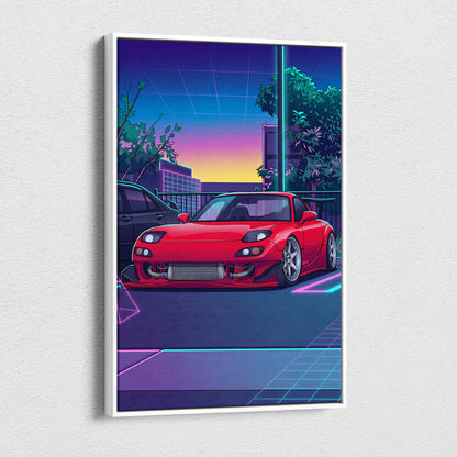 Mazda FD RX7 Inspired Vaporwave Car Canvas - Vaporwave Car Artwork Neon Pink Teal Living Room Retro Energetic Nostalgia Wall Art Canvas