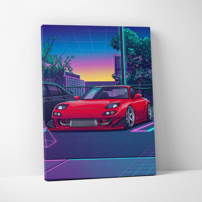 Mazda FD RX7 Inspired Vaporwave Car Canvas - Vaporwave Car Artwork Neon Pink Teal Living Room Retro Energetic Nostalgia Wall Art Canvas