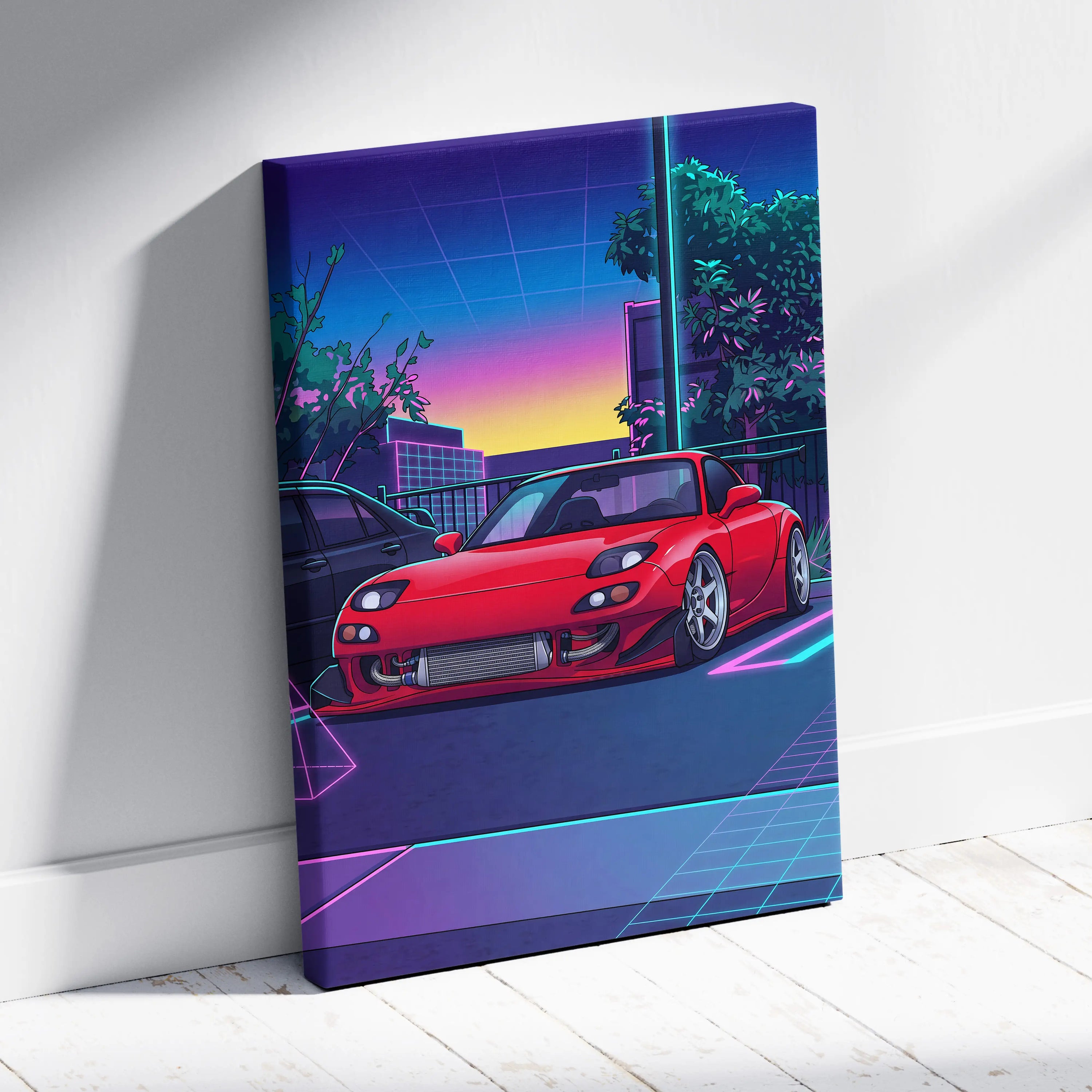 Mazda FD RX7 Inspired Vaporwave Car Canvas - Vaporwave Car Artwork Neon Pink Teal Living Room Retro Energetic Nostalgia Wall Art Canvas