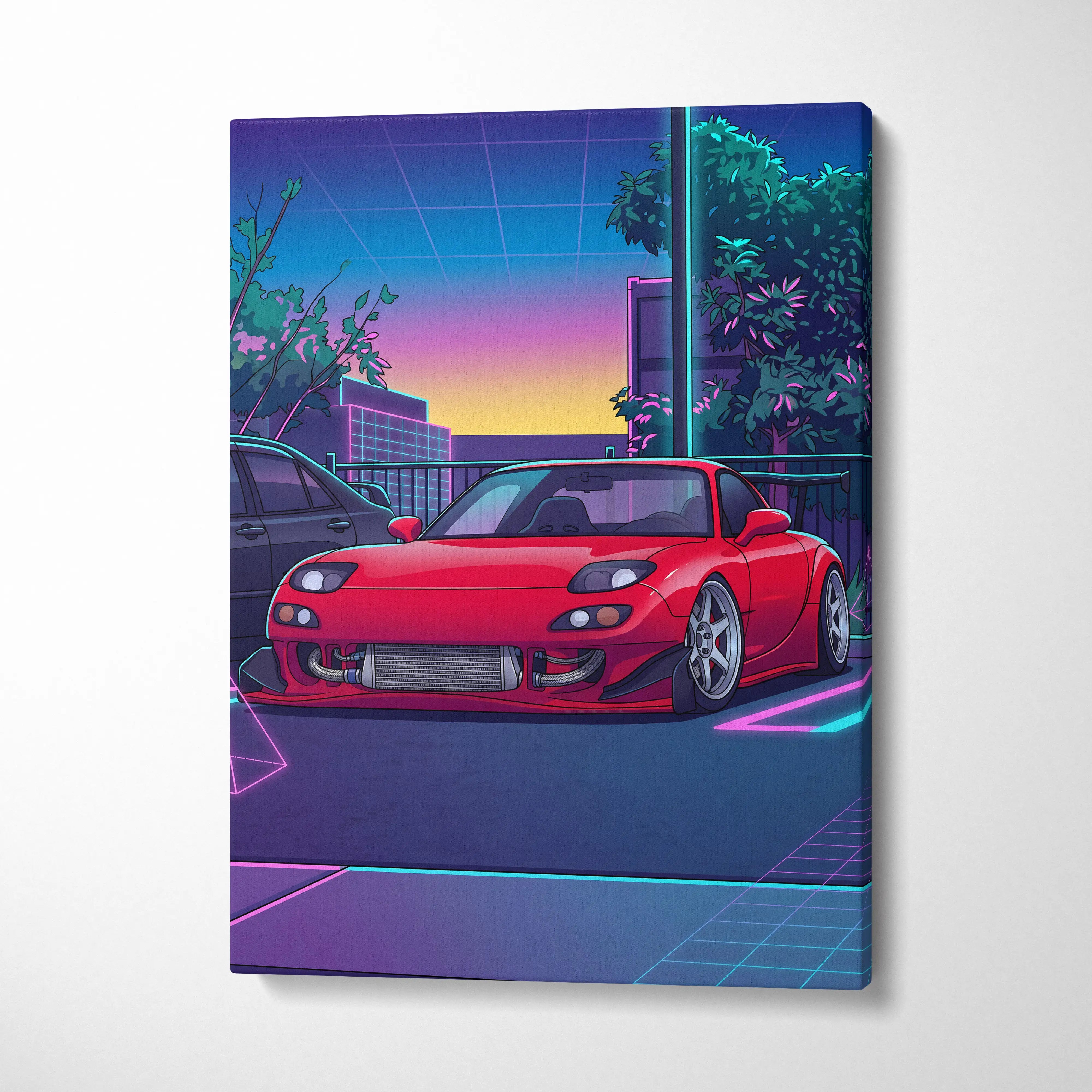 Mazda FD RX7 Inspired Vaporwave Car Canvas - Vaporwave Car Artwork Neon Pink Teal Living Room Retro Energetic Nostalgia Wall Art Canvas